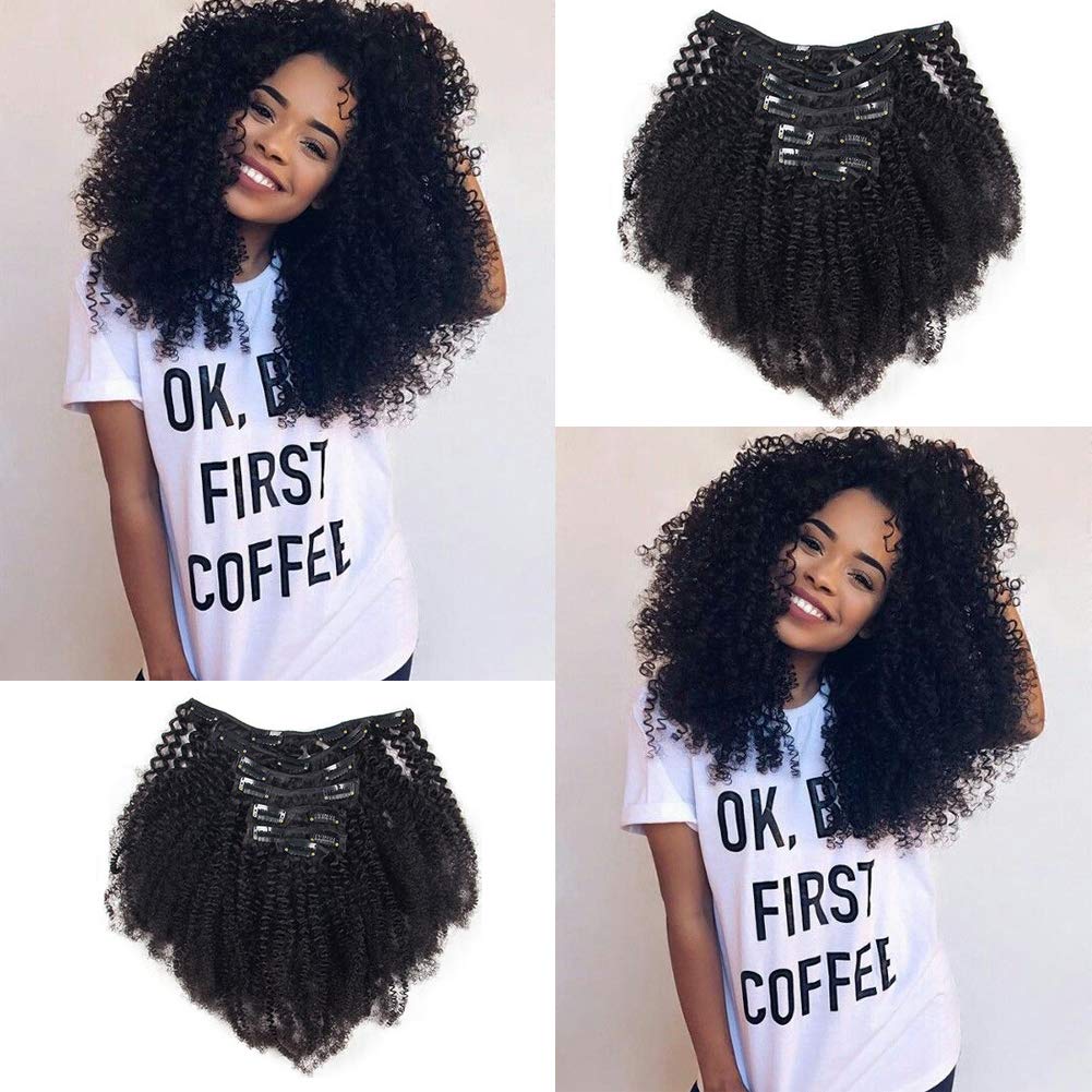 #1B Color Afro Kinky Curly Human Hair Clip in Extensions Virgin Mongolian Human Hair Clip in Hair Extensions for Black Women 7pcs/set 120gram/set (10inch)