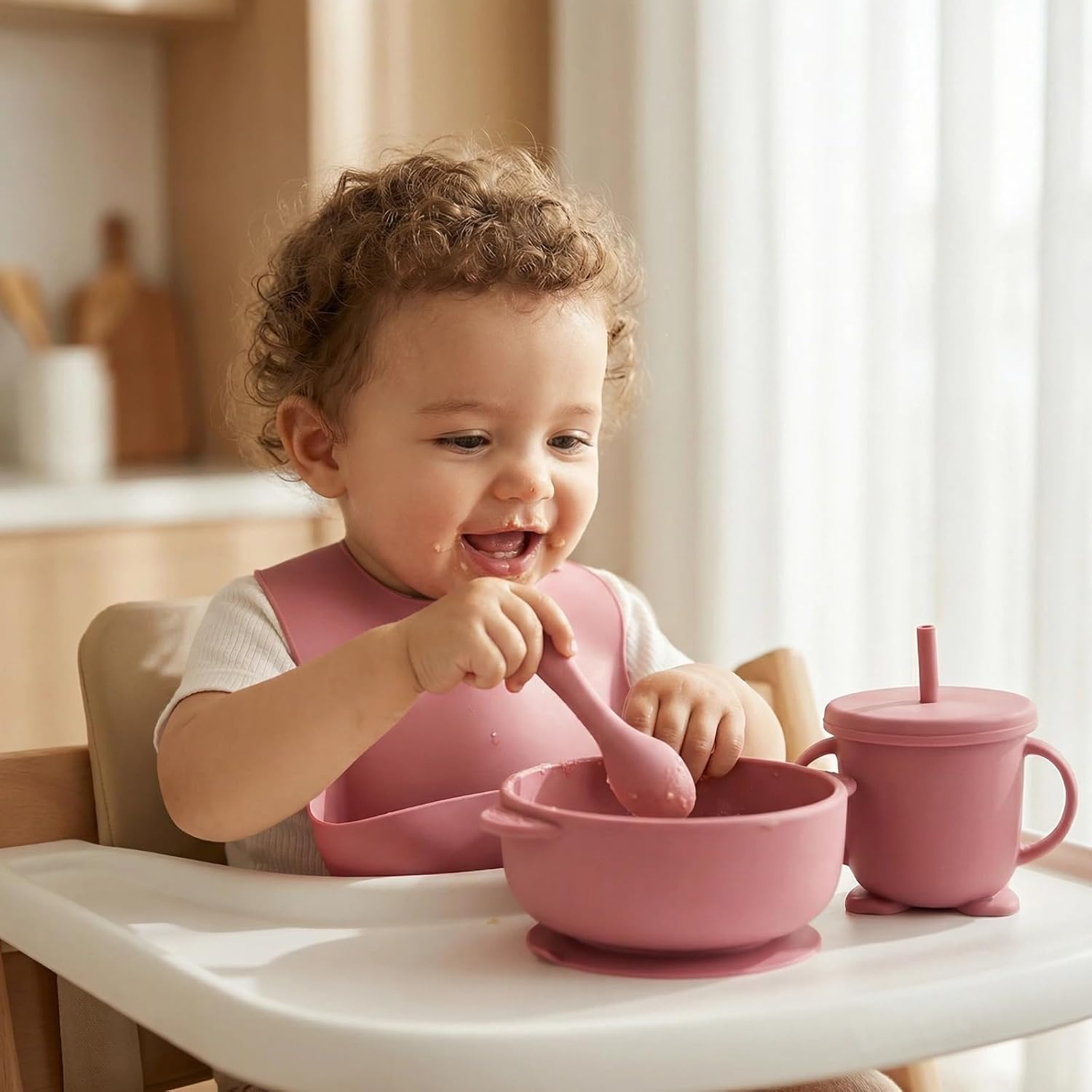 16 Pack Silicone Baby Feeding Set with Suction Plates & Bowls, Stainless Steel Insert, Fork & Spoon, Bib, Sippy Cup, First Stage Baby Eating Utensils for 6+ Months