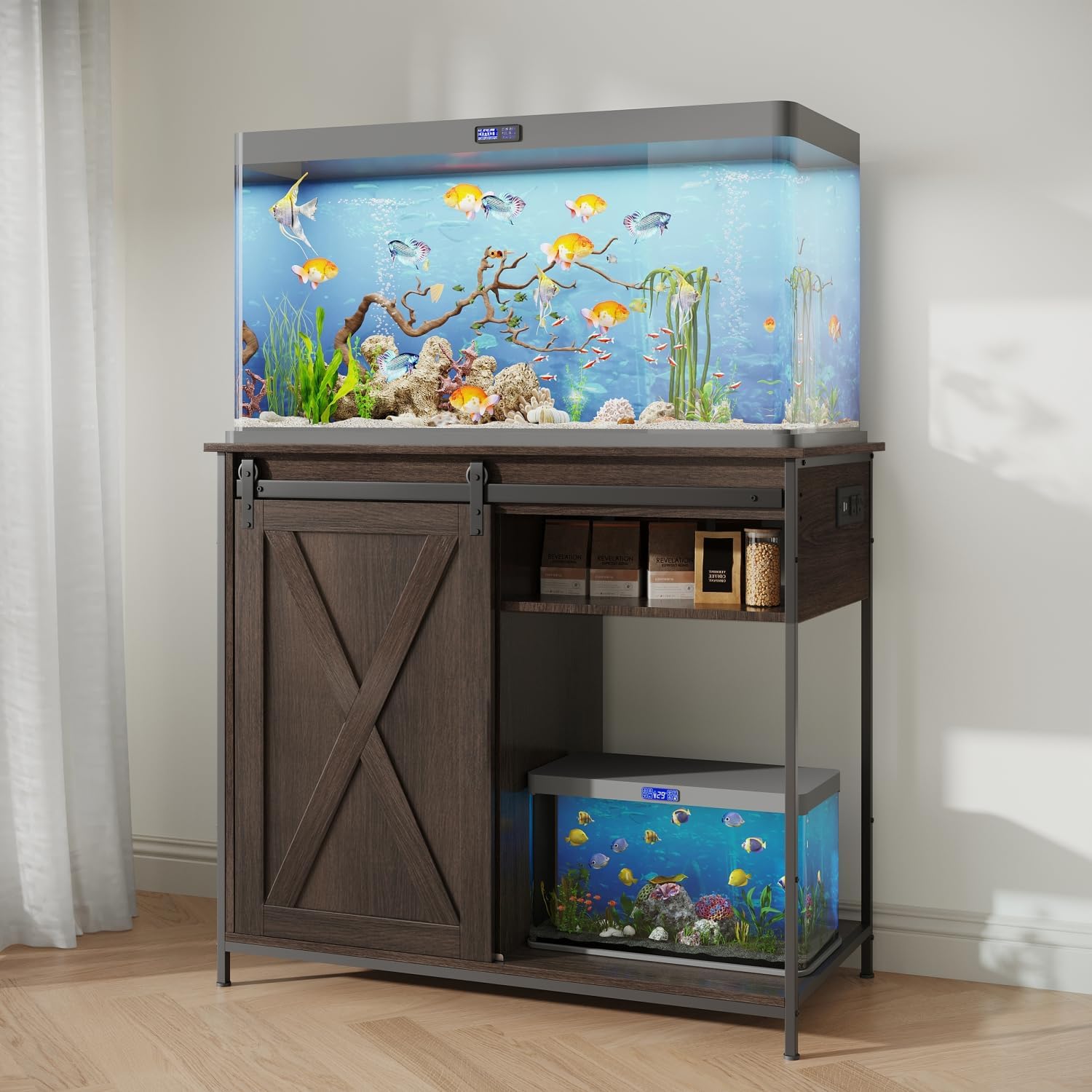 40-50 Gallon Fish Tank Stand,50 Gallon Aquarium Stand with Sliding Barn Door Heavy Duty Fish Tank Stand Cabinet Turtle Tank/Reptile Terrarium-Brown