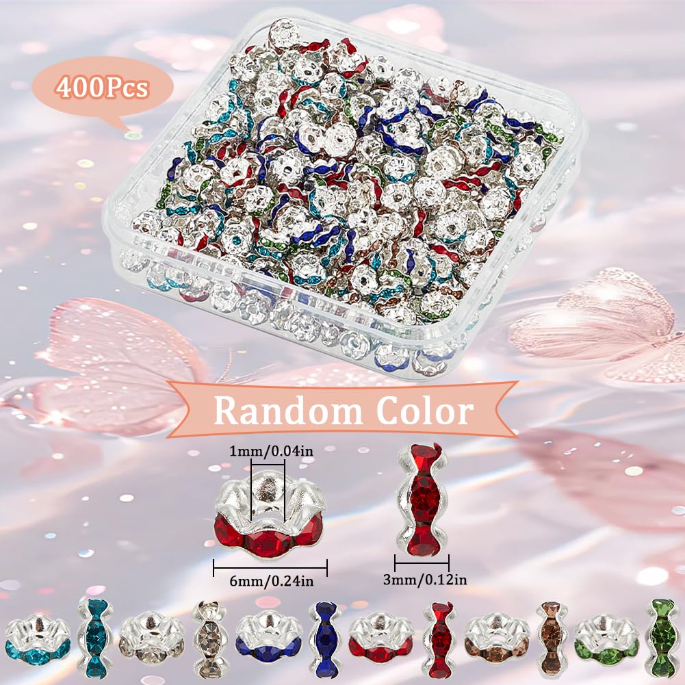 1 Box 400 Stück zufällige Farbe 6 mm Strass-Abstandshalter Perlen Kristall Rondelle Perlen Messing Acryl Wellenkante lose Wellenperlen für Schmuckherstellung Zubehör DIY Halsketten Armbänder
