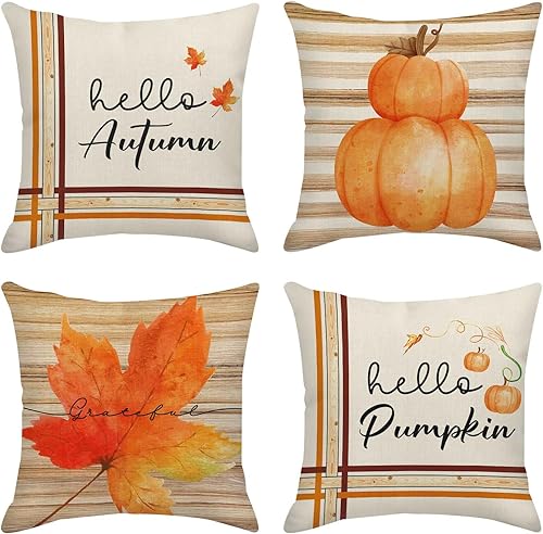 Juego de 4 fundas de almohada de calabaza de otoño, color naranja, hojas de arce, fundas de almohada de 18 x 18 pulgadas, cuadradas, decoración del