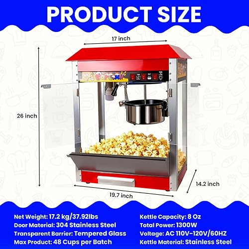 Miniatura 8 de 1300W Popcorn Machine Maker Makes Up to 10 Servings, Countertop Popcorn Commercial Popper w3-Switch Control & Tempered Glass Door for Theater