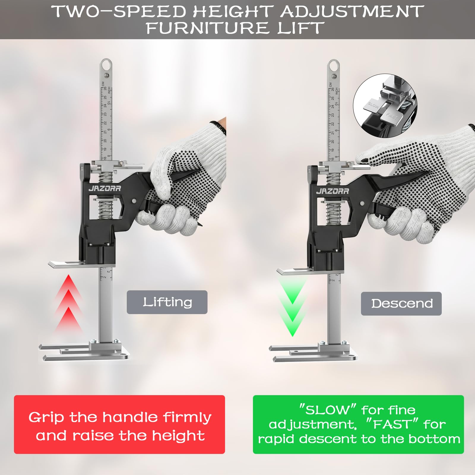 2Pcs Multi-Function Furniture Lifter Jack, 440LB Load Capacity with Slow/Fast Descent Control, Labor Saving Arm Tool for Lifting Door Panels, Wall Tile Locator, Cabinet Board — Amazon image 4