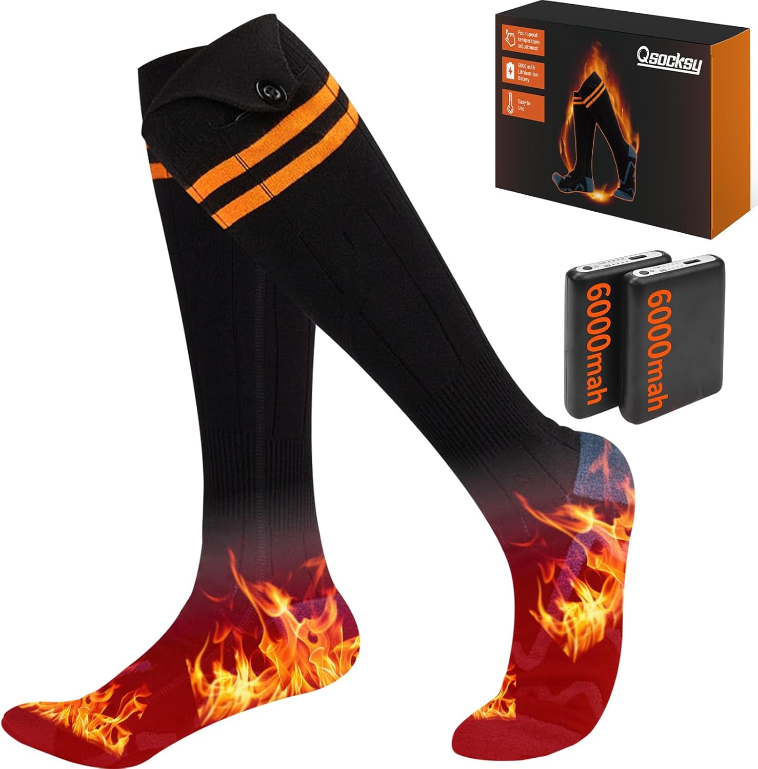 Electric Heated Socks for Men & Women - 6000mAh Rechargeable, Up to70 °C Large Heating Area, 8H Heat, Washable for Skiing, Hunting, Camping