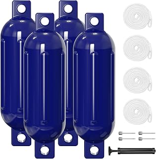 4.5/5.5/6.5/8.5 Inch Boat Fenders - 4 Pack Boat Bumpers for Docking, Ribbed Twin Eyes with 4 Ropes & Air Pump, UV & Saltwater Resistant, for Jon Boats, Pontoon Boats Black/Blue/White/Blue &White