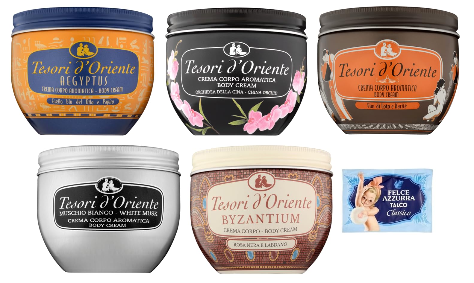 5er-Pack Tesori d’Oriente Crema Corpo Testpaket Byzantium - Aegyptus - Orchidee - Lotusblume - Weißer Moschus,Körpercreme 300ml + 1er-Pack Kostenlos Felce Azzurra Talkumpuder, 100g-Beutel