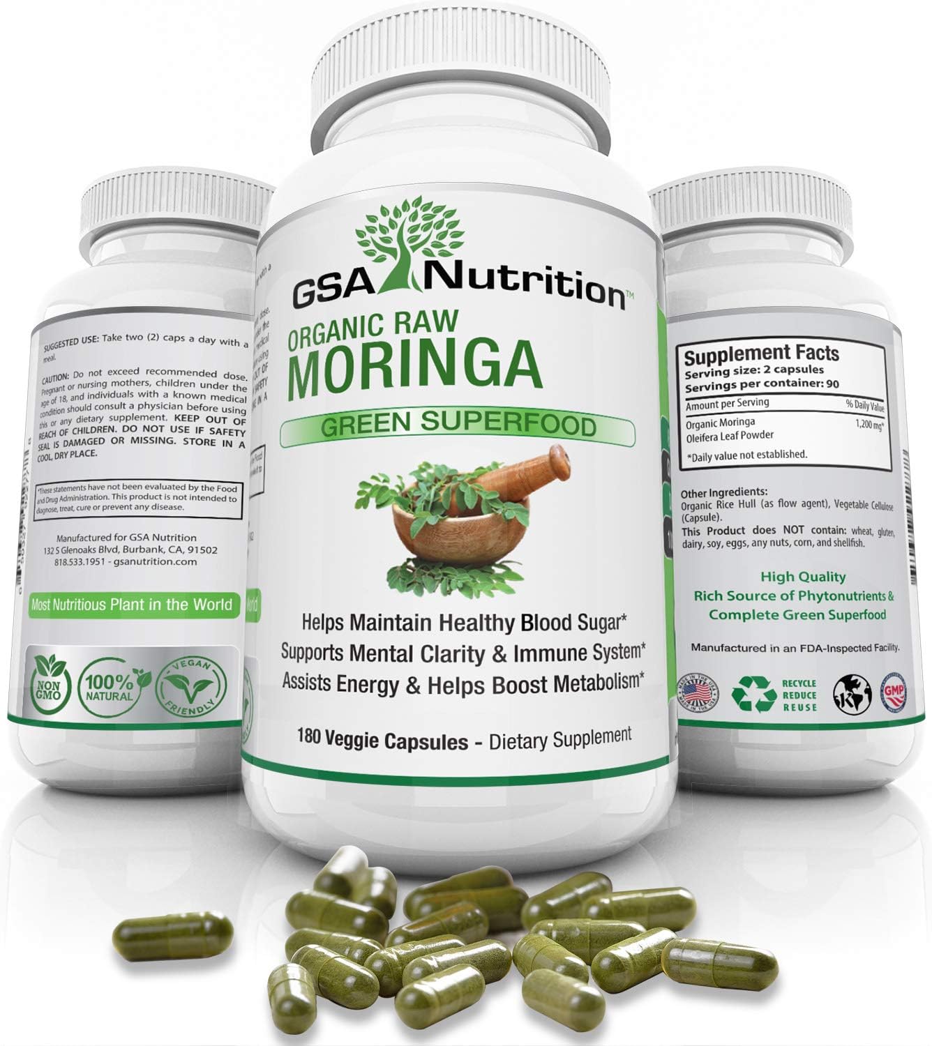 Moringa Oleifera 180 Capsules - Organic USDA Certified- Pure Green Leaf Powder Superfood Supplement - 1200mg Serving - Metabolism - Energy Support - 3 Month Supply - Nutrient Rich- Non-GMO- Vegan