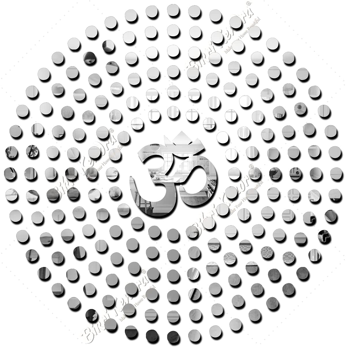 Bikri Kendra - Om with 100 Silver Dots Mirror Stickers for Wall, Acrylic Mirror Wall Decor Sticker, Wall Mirror Stickers, Acrylic Stickers, Wall Stickers for Hall Room (Silverwithdots)