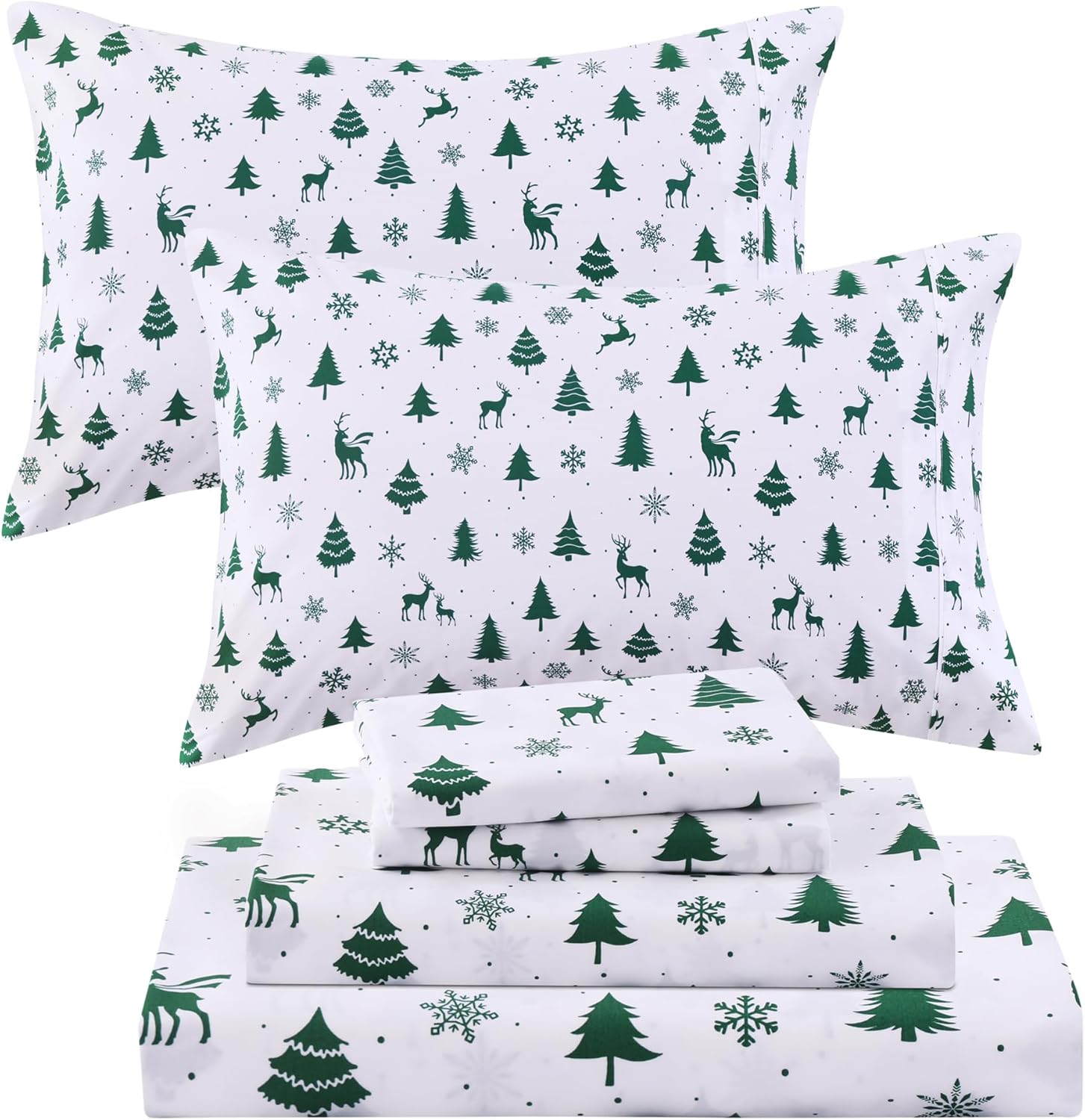 Viviland Christmas Holiday 100% Cotton Sheets Full, Crisp Cooling Percale Deer Pine Tree Sheets, Soft Cozy Snowflake Winter Bedding