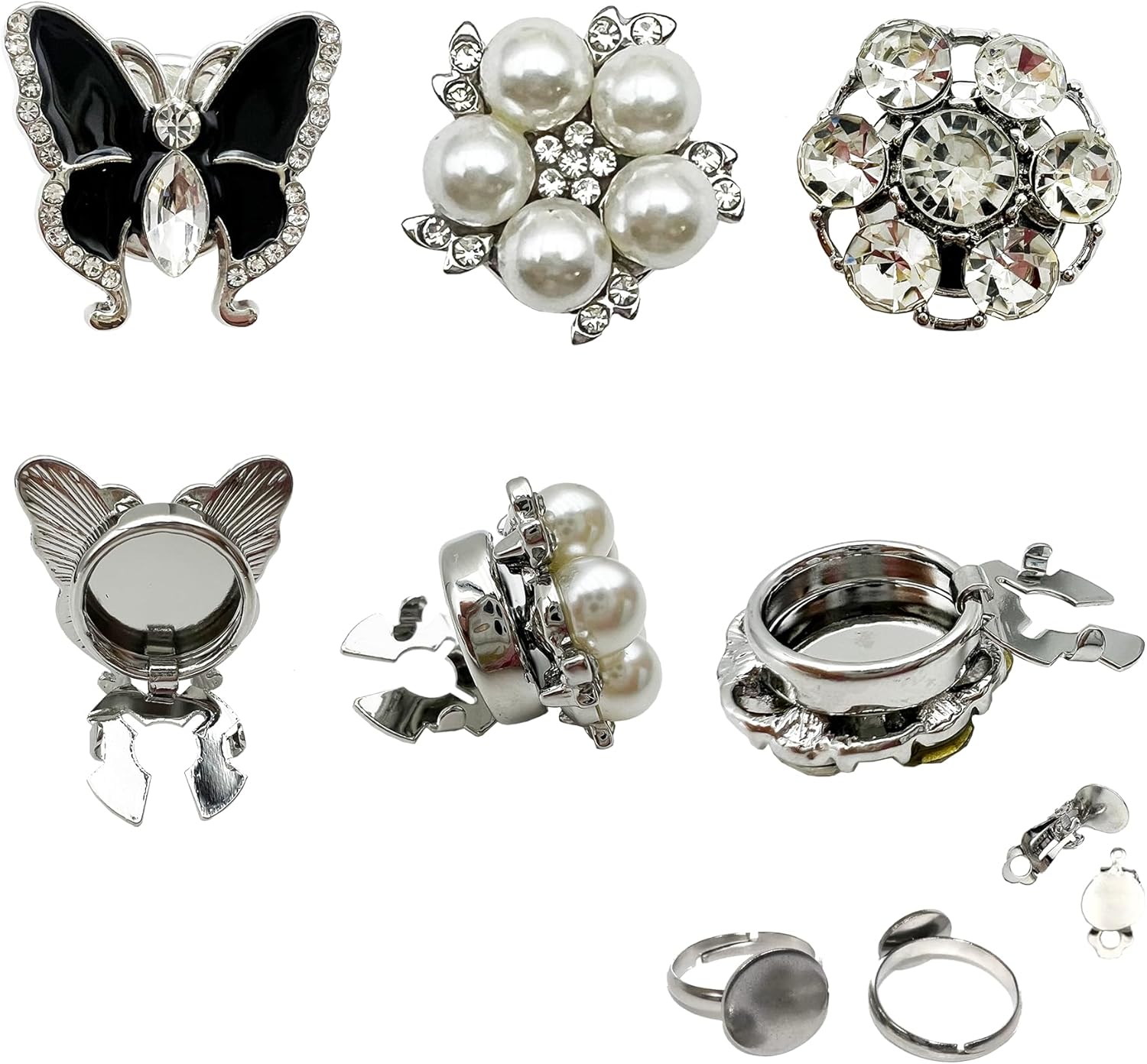 Elegant Button Covers for Women Blouses – 6PCS Clip-On Rhinestone & Pearl &Butterfly Shirt Button Covers, 3 in 1 Convertible -15mm(Silver)