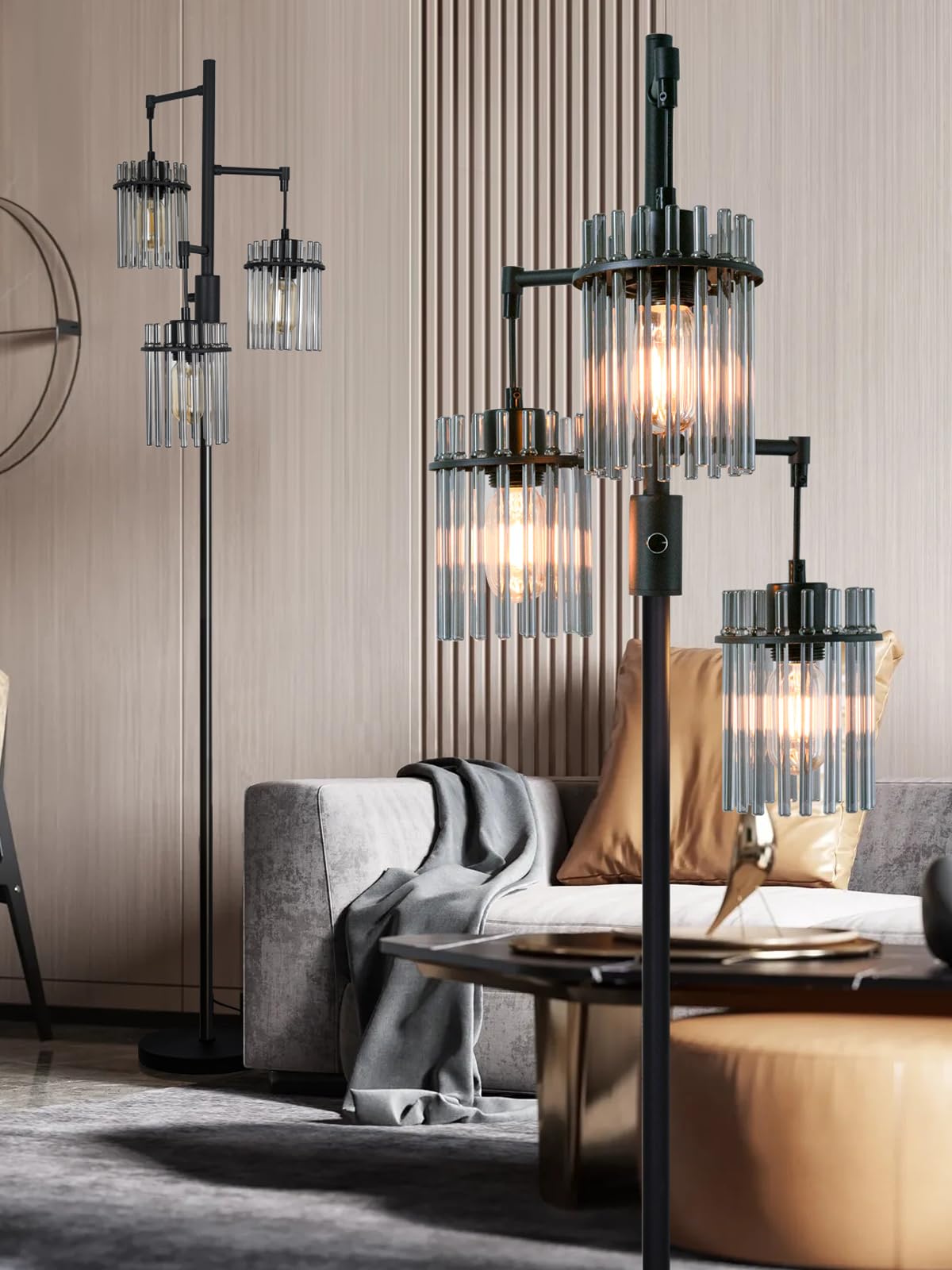 Dimmable Industrial Floor Lamps for Living Room, Glass Tree Standing Tall Lamps with 3 Elegant Teardrop Cage Head & 800 Lumens LED Bulbs for Bedroom Office