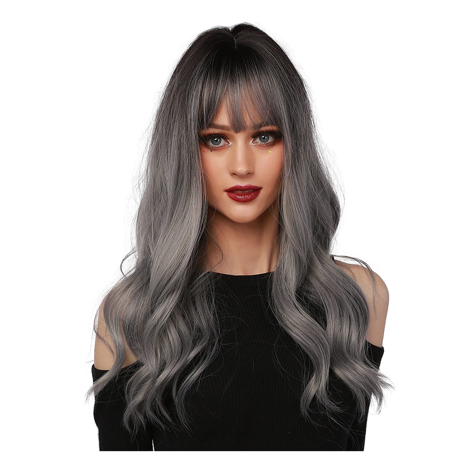 Amazon.com : Long Wavy Ombre Grey Wig - Women Girls Long Wave Curly Hair  Wigs with Air Bangs - Heat Resistant Synthetic Fiber Full Wigs Natural  Looking Cosplay Party Daily Wig (24