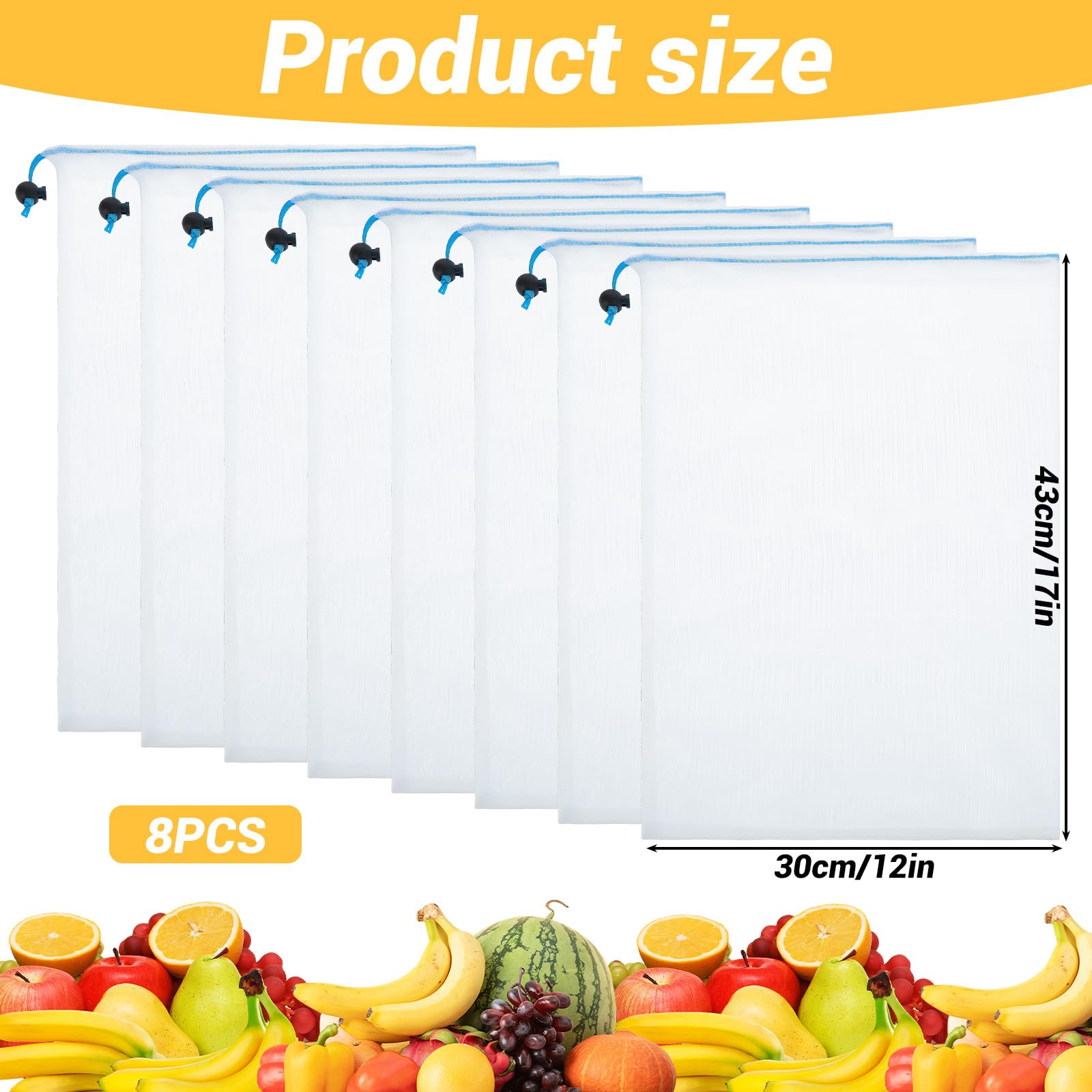 8Pcs Reusable Mesh Bags for Fruit and Vegetables 43*30 cm Washable Produce Drawstring Mesh Bags - Image 2