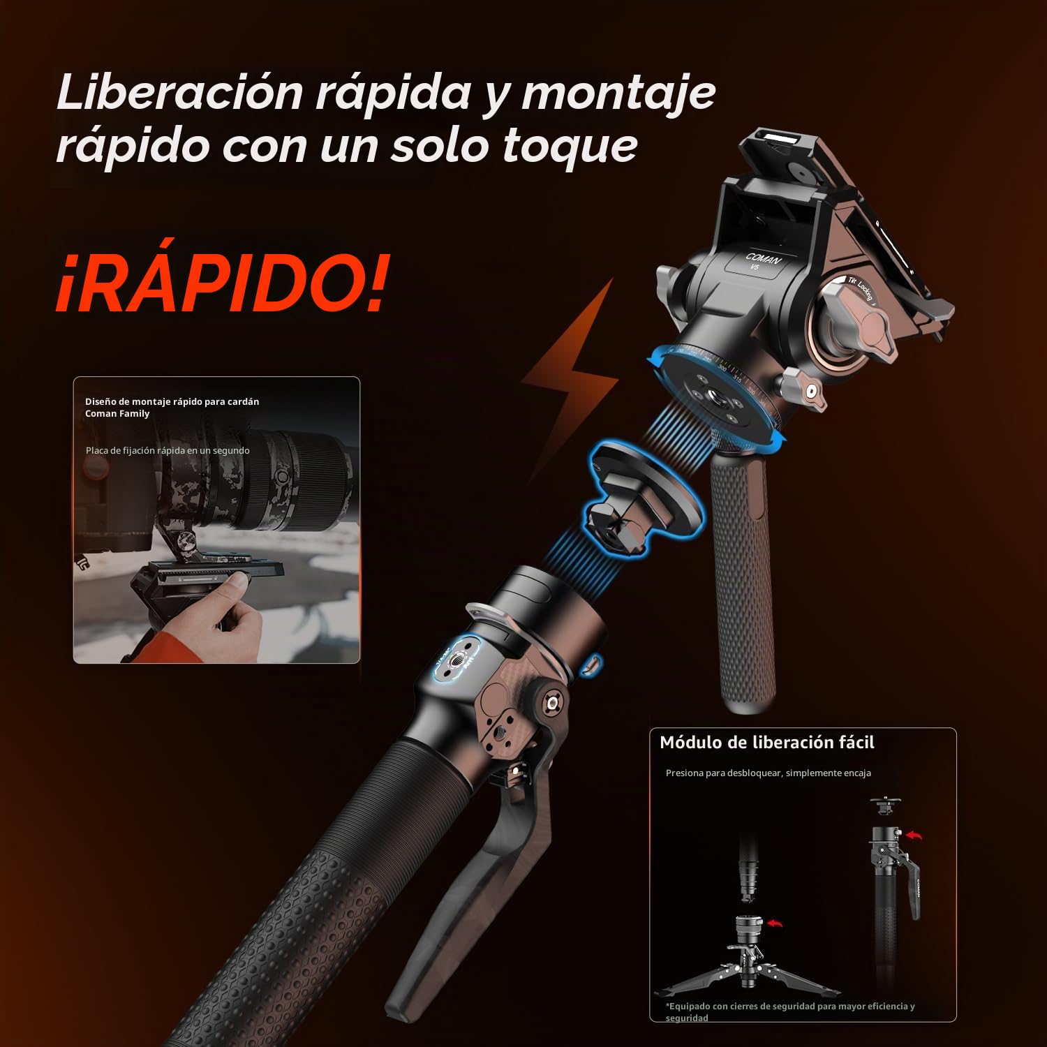 COMAN - Monopié de Fibra de Carbono con elevación en un Clic, monopié para cámara de 175 cm con Patas, trípode de Viaje Ligero con Placa de liberación rápida para cámara, DSLR,Carga máxima de 10 kg