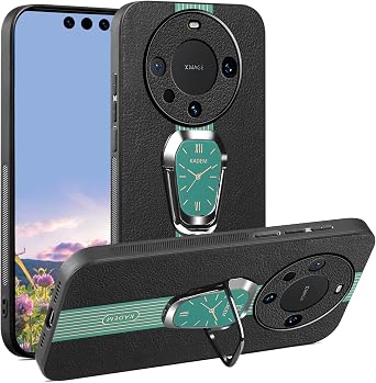 Phone Case for Huawei Mate 60 Pro Plus Black Leather Silicone Cover with Metal Ring Stand, Slim Soft Magnetic Shockproof Protective Cover for Women Men, Classy Luxury Green