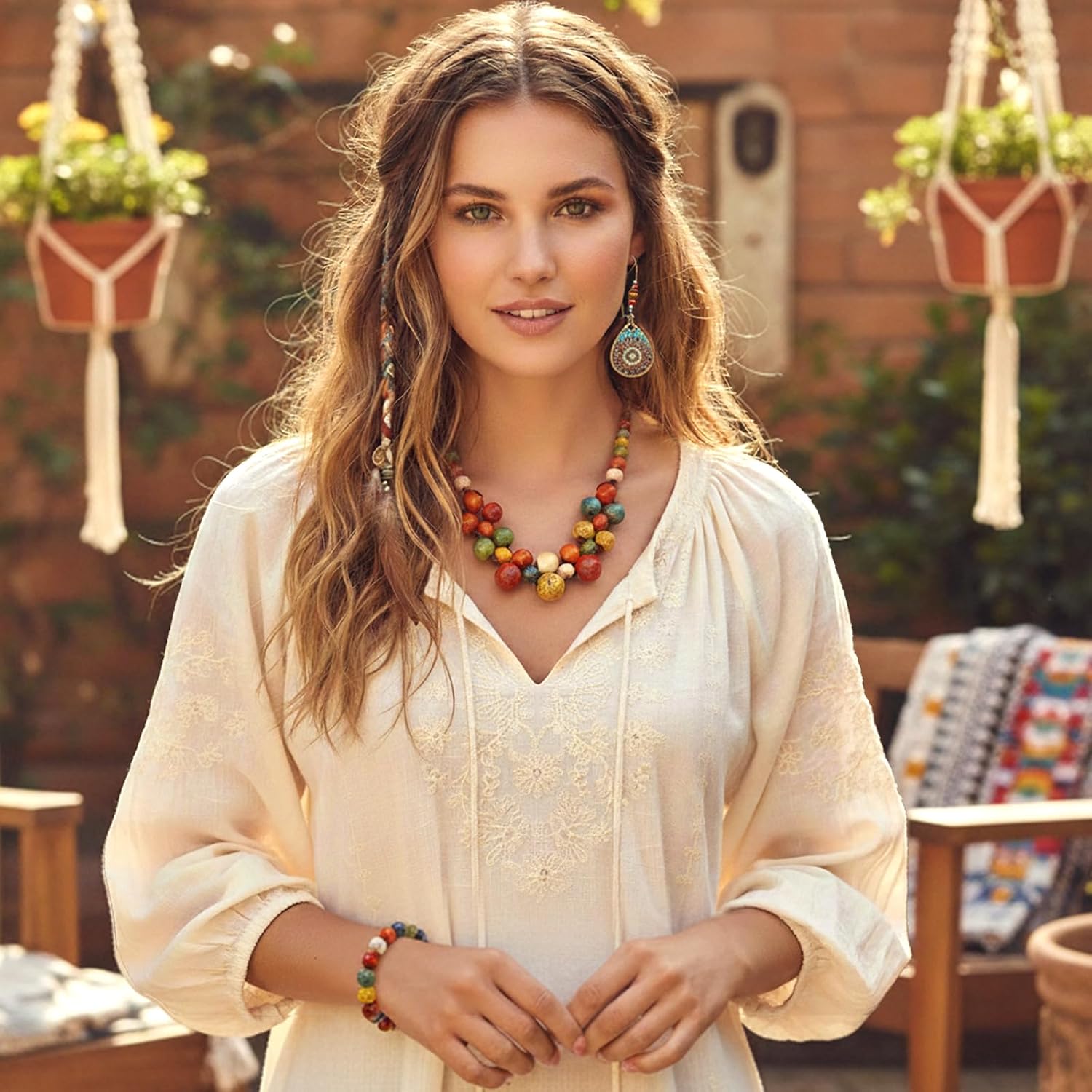 3 Pcs Boho Jewelry Set for Women, Bohemian Vintage Set with Hippie Boho Colorful Ceramic Round Beads Strand Necklace Bracelets and Earring, Western Statement Jewelry for Country Concert Outfit image 2