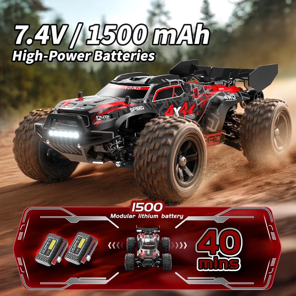 1:18 Scale RC Cars All Terrain Off Road 4WD Remote Control Car 36KM/H High Speed RC Monster Truck, Electric Vehicle with 2.4GHz Racing Car , Two 7.4V 1500mAh Rechargeable Batteries,for boys & adults