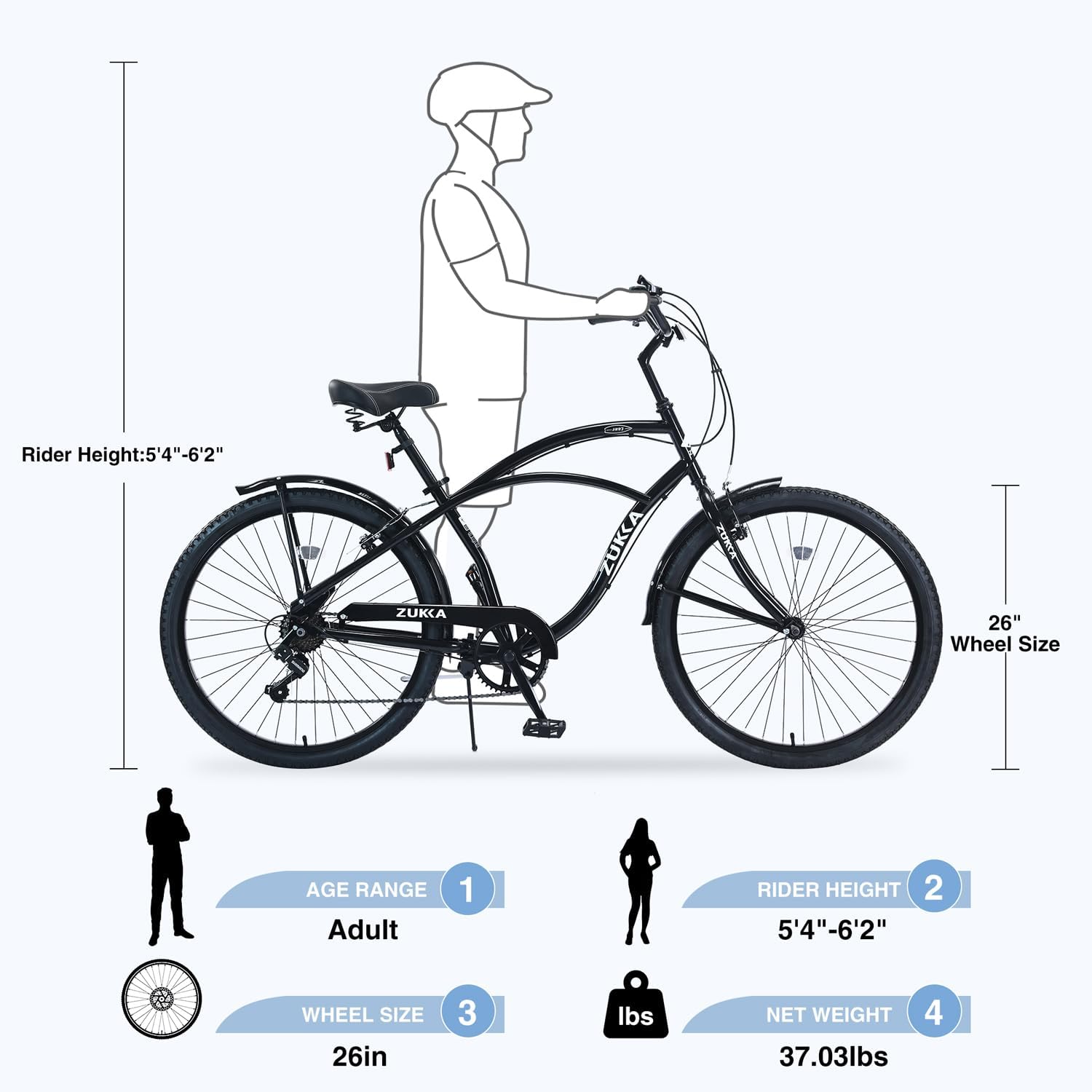 26 Inch Men's Beach Cruiser Bike Commuter Bicycle for Adult Men and Women with Dual V-Brake and Adjustable Seat, 7 Speed Steel Frame for Women Men Multiple Colors