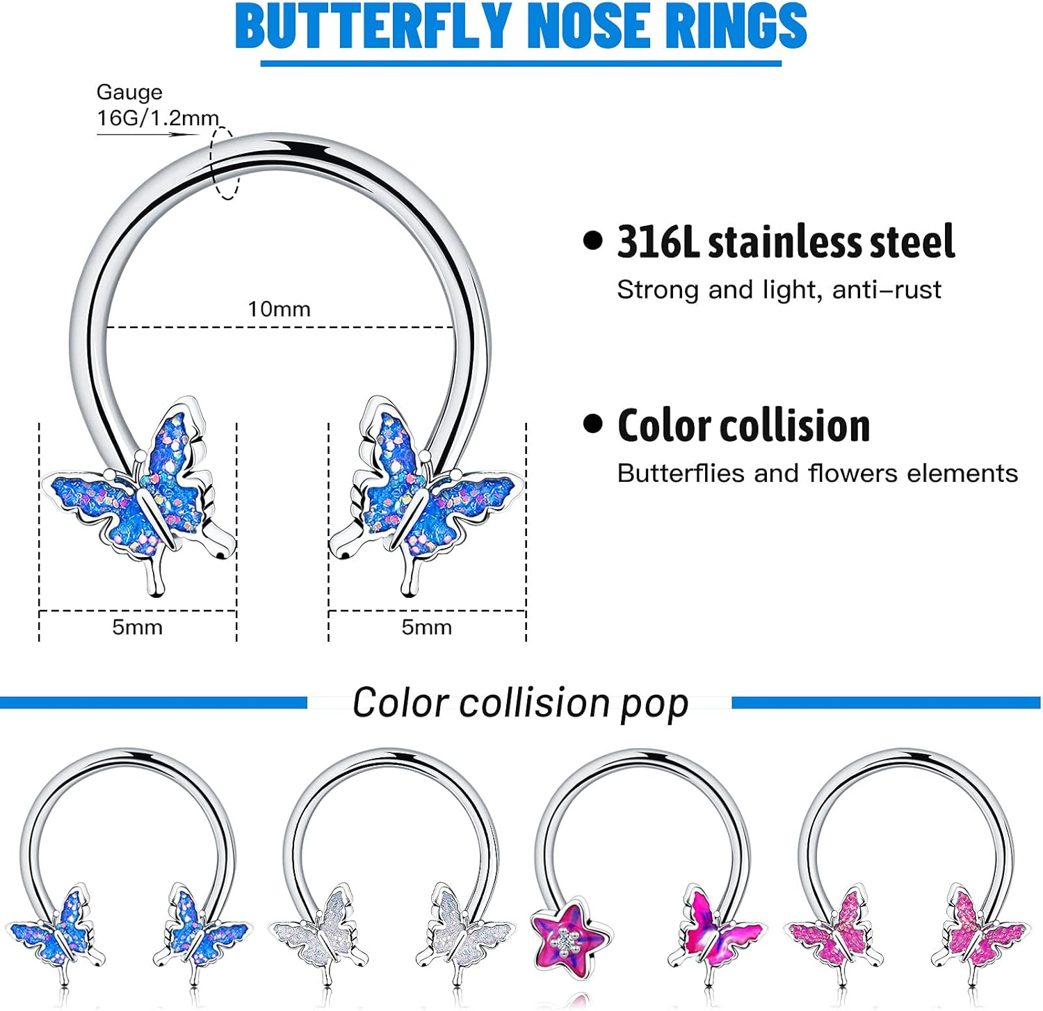 Hicarer 4 Pieces Septum Horseshoe Hoop Ring 16g Butterfly Nose Rings Earring Cartilage Earring Hoop Captive Bead Tragus Daith Helix Piercing Body Jewelry for Women Man - Image 2