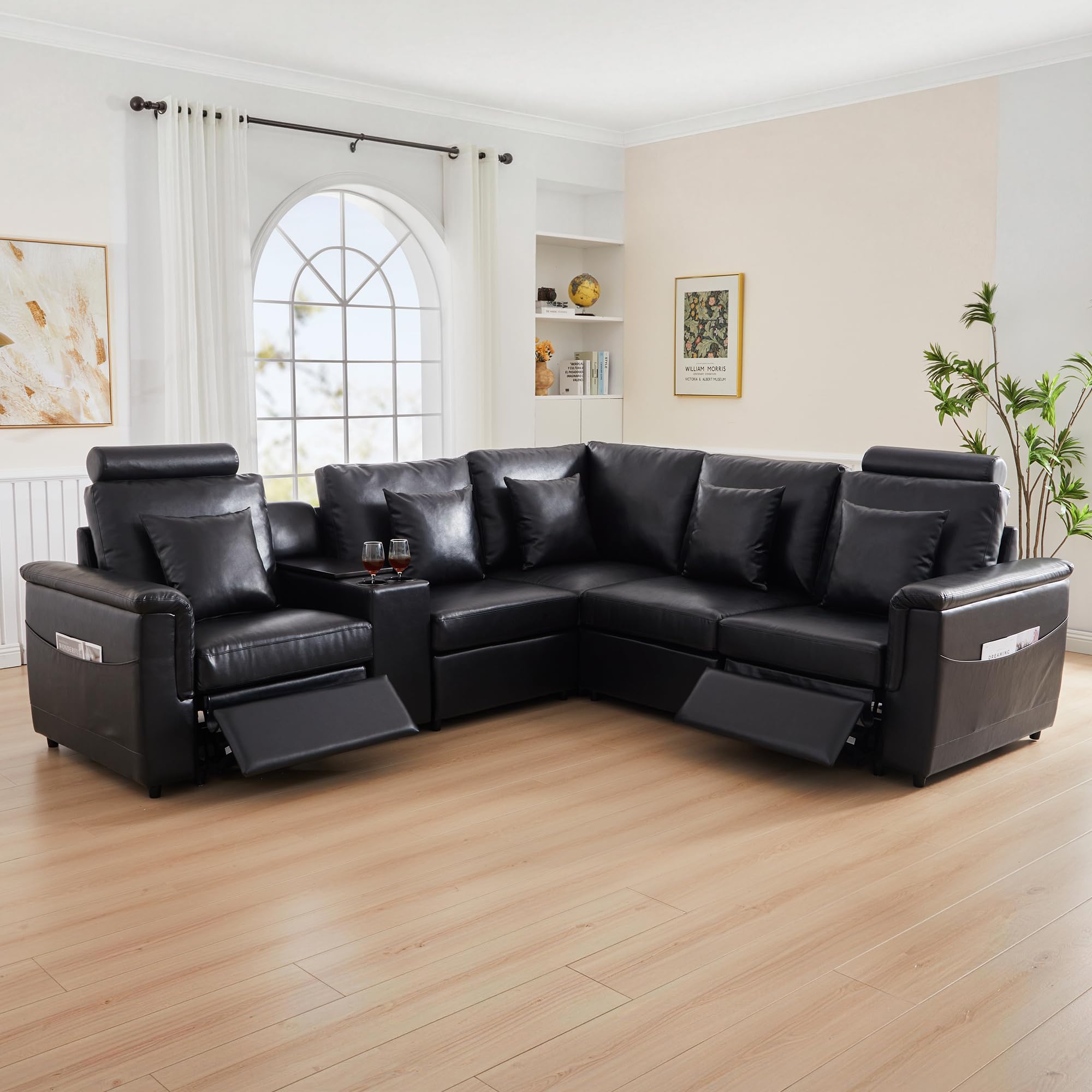 LEVNARY 5-Seat L Shaped Modular Sectional Sofa with Power Recliners, Upholstered Faux Leather Couch Storage Console with Charging Ports &amp; Cup Holders, Living Room Couch Set for Home Office (Black)
