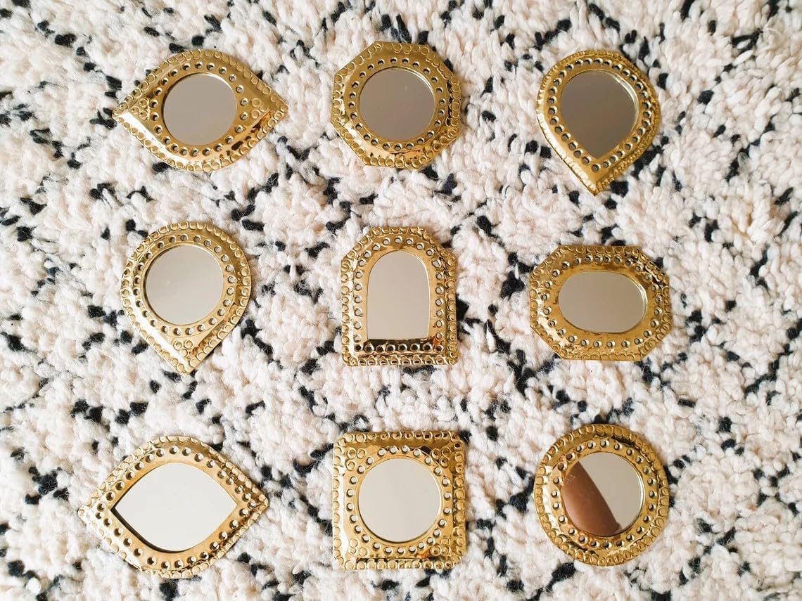 Set of 5 Small Decorative Wall Mirrors – Gold Brass Handmade Mirror Set | Octagon, Arched, Horizontal Oval, Square and Diamond Shapes | Living Room, Bedroom, Home Wall Hanging Mirrors Decor