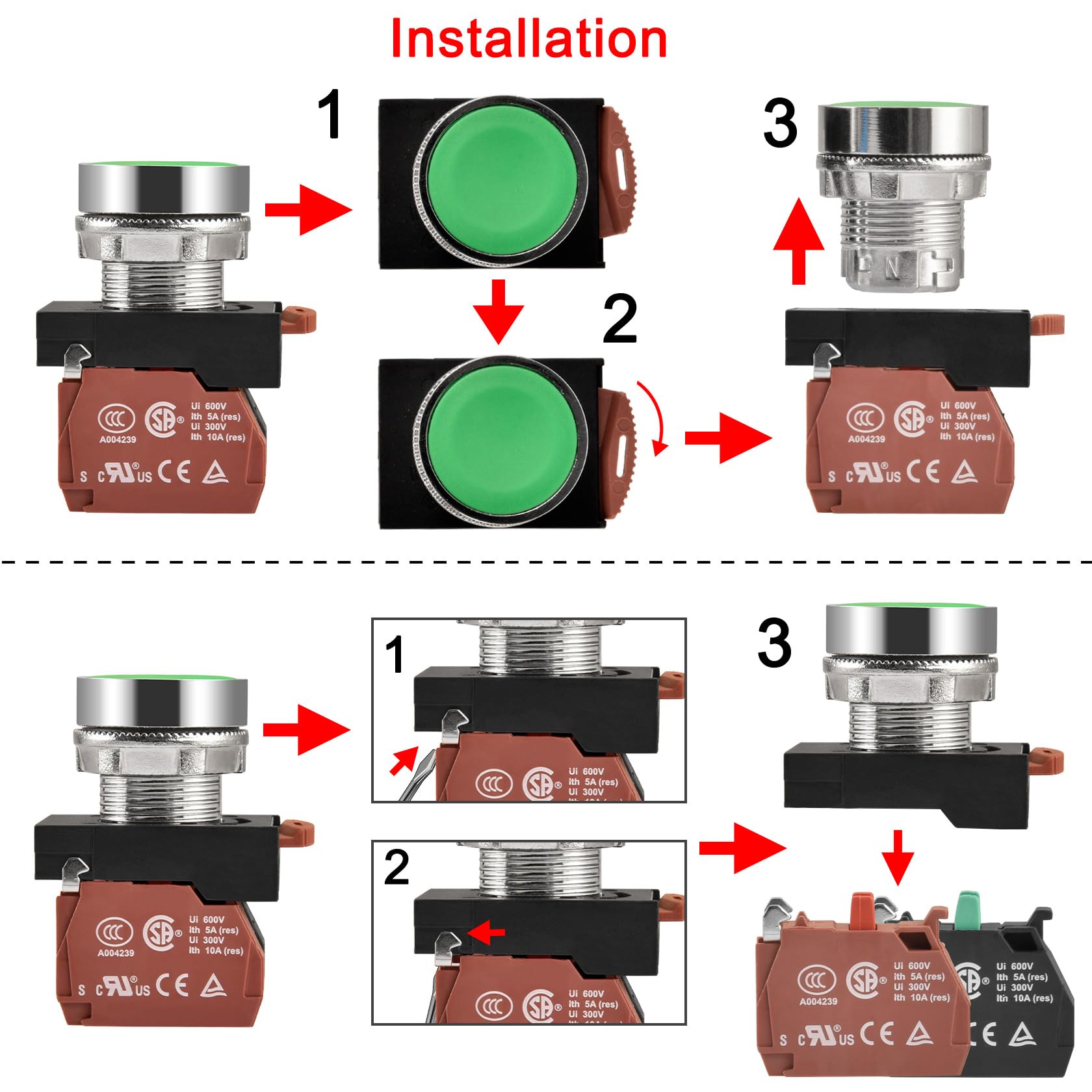 Heschen 2 interruttori a pulsante momentanei da 22 mm, pulsante piatto verde 1 NO + 1 contatti NC, interruttore del pannello di controllo industriale per avviatore scatola di distribuzione, 10A 600V