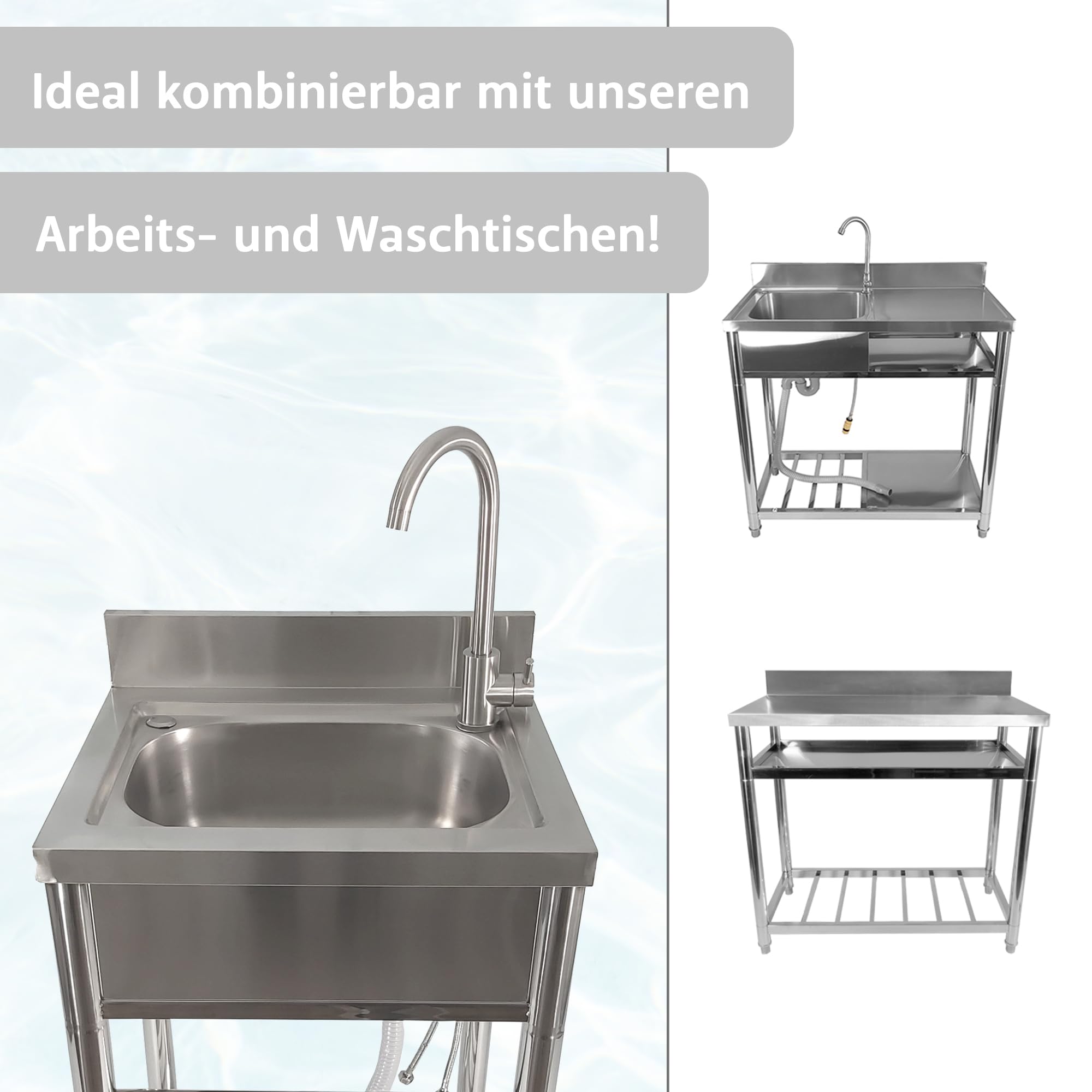 Lemodo Spültisch freistehend – Edelstahl Spültisch mit Wasserhahn, Gartenschlauch-Anschluss, mobiler Spültisch für Outdoorküche, Gastro und Camping, freistehende Küchenspüle mit Ablage