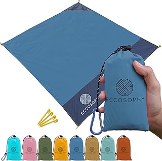 ECCOSOPHY Sand Proof Beach Blanket - Waterproof Picnic Blanket 60x55-Outdoor Compact Pocket Blanket-Lightweight Ground Cover for Hiking, Camping, Festivals, Sports, Travel-with Bag & Stakes (Denim)