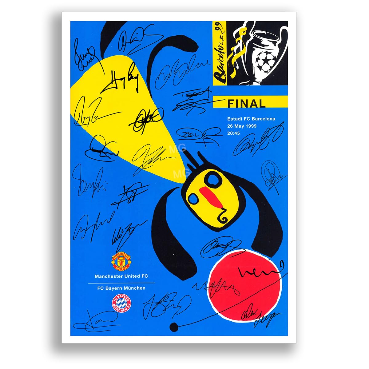 Mounted Gifts Trading Manchester United Treble Winners 1999 team squad Signed poster print framed picture photo autograph gift Beckham Giggs Scholes (Programme A4 poster)