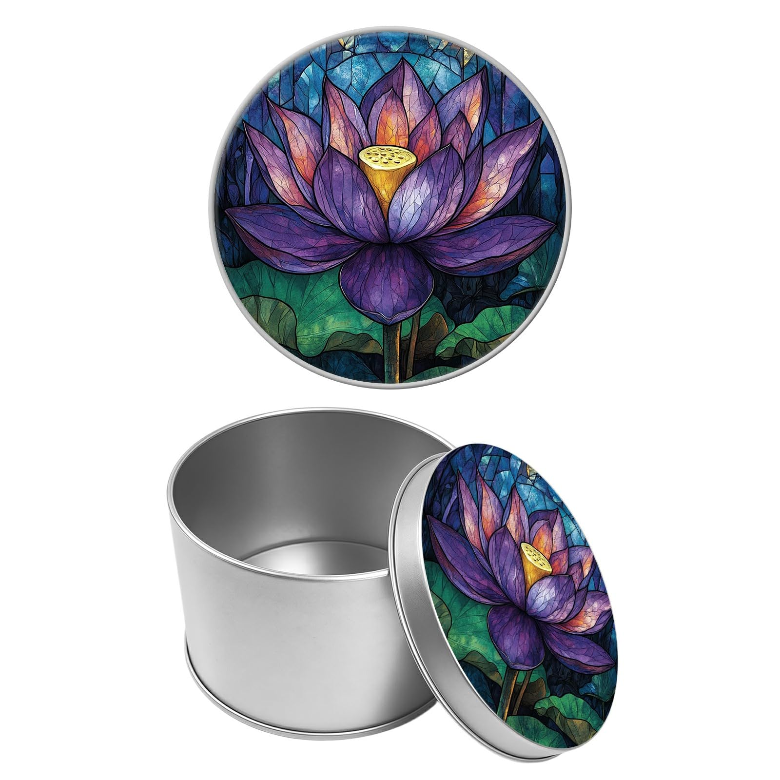 Round Metal Tin Container with Removable Lid, Lotus Durable Metal Storage Box for Cookies Spices Tea Candies Cakes Jewelry Cosmetics 3.54 x 2.36 inch– Single Pack