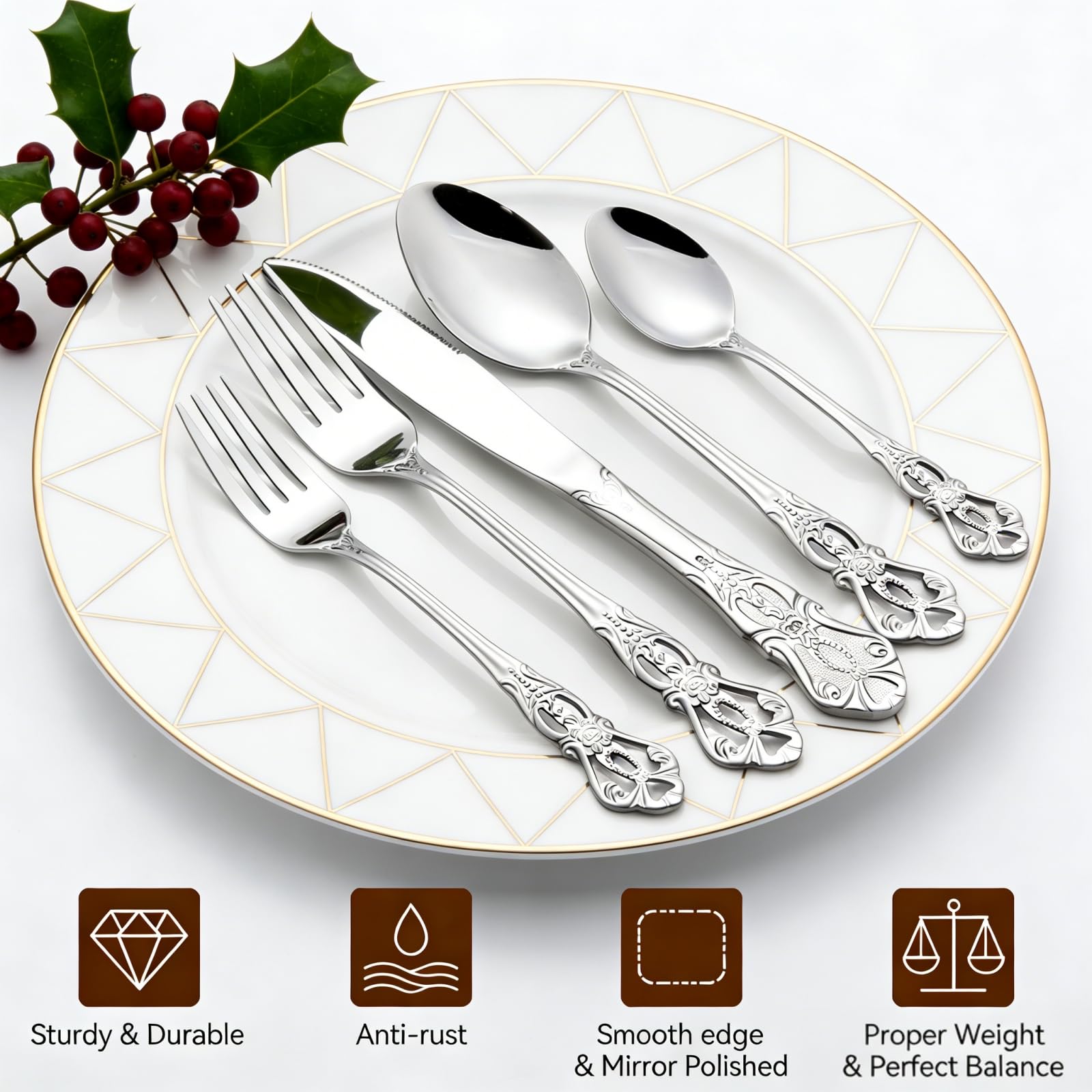 40-teiliges Retro-besteckset Für 8 Personen, Edelstahl, Spülmaschinenfest, Inklusive Gabeln, Löffeln Und Messern, Vintage-besteckset Für Hochzeiten, Partys Und Weihnachten