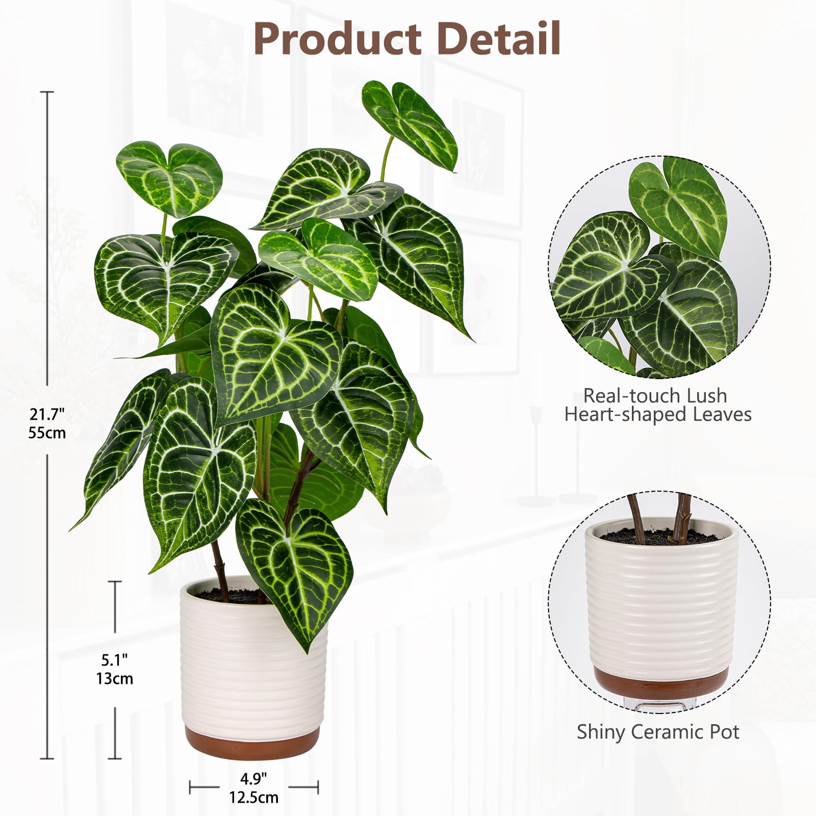 Briful Plantes artificielles de 55 cm de haut dans un pot en céramique, grandes plantes artificielles en forme de cœur pour décoration de maison, bureau, hôtel
