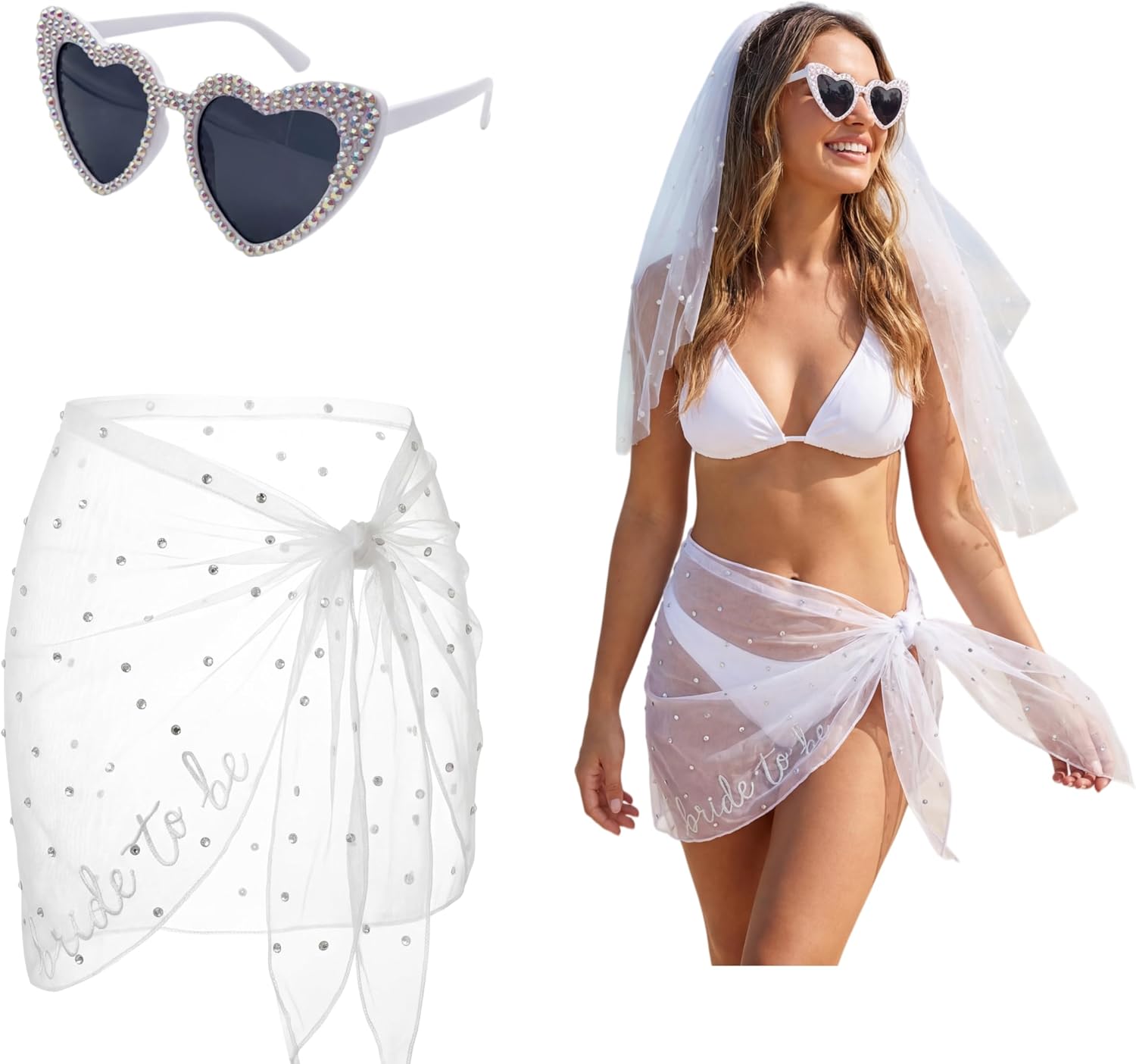 Twistover 2 Pcs Bride Bathing Suit Wrap Skirt Sunglasses Beach Sarong Sheer Bikini Swimsuit for Bride Bachelorette