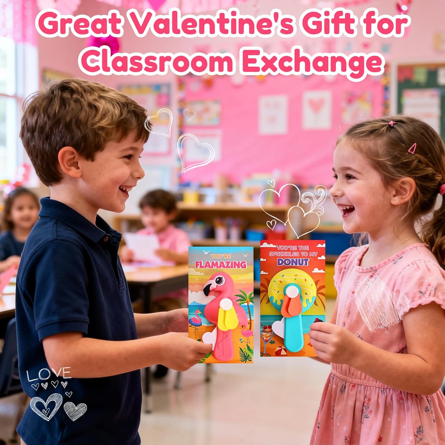 Valentine's Day Gifts for Kids - 24 Pack Mini Handheld Fans with Cards, Cute Animal Designs (Unicorn, Flamingo, Donut, Crocodile) for Classroom Exchange, School Party Favors, Boys Girls Ages 3+
