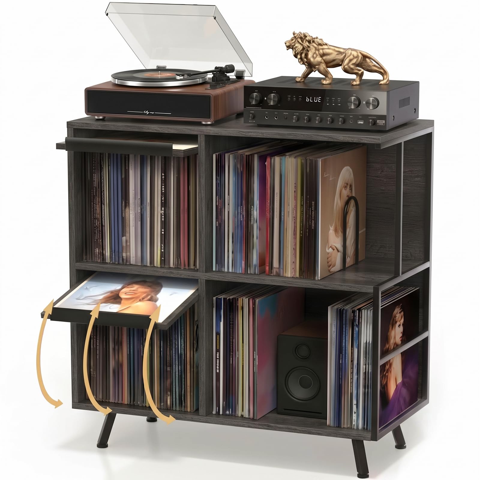 Faesun 3 Tier Record Player Stand with Flip-Down Record Shelf, Gray