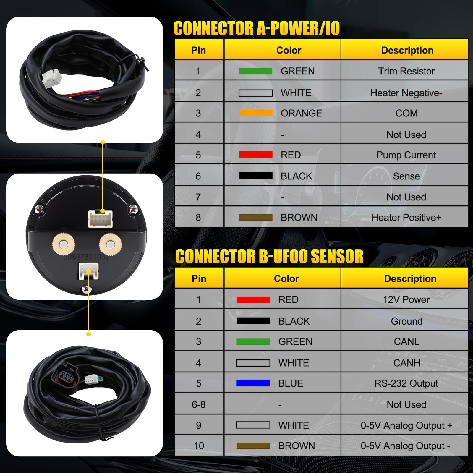 KAOLALI Affichage du Contrôleur de Capteur AFR, 30-0300 X-Series Wideband UEGO AFR Contrôleur Contrôleur Gauge 30‑0300 Ratio de Carburant d'air Affichage de 52mm (2-1/16”) Auto