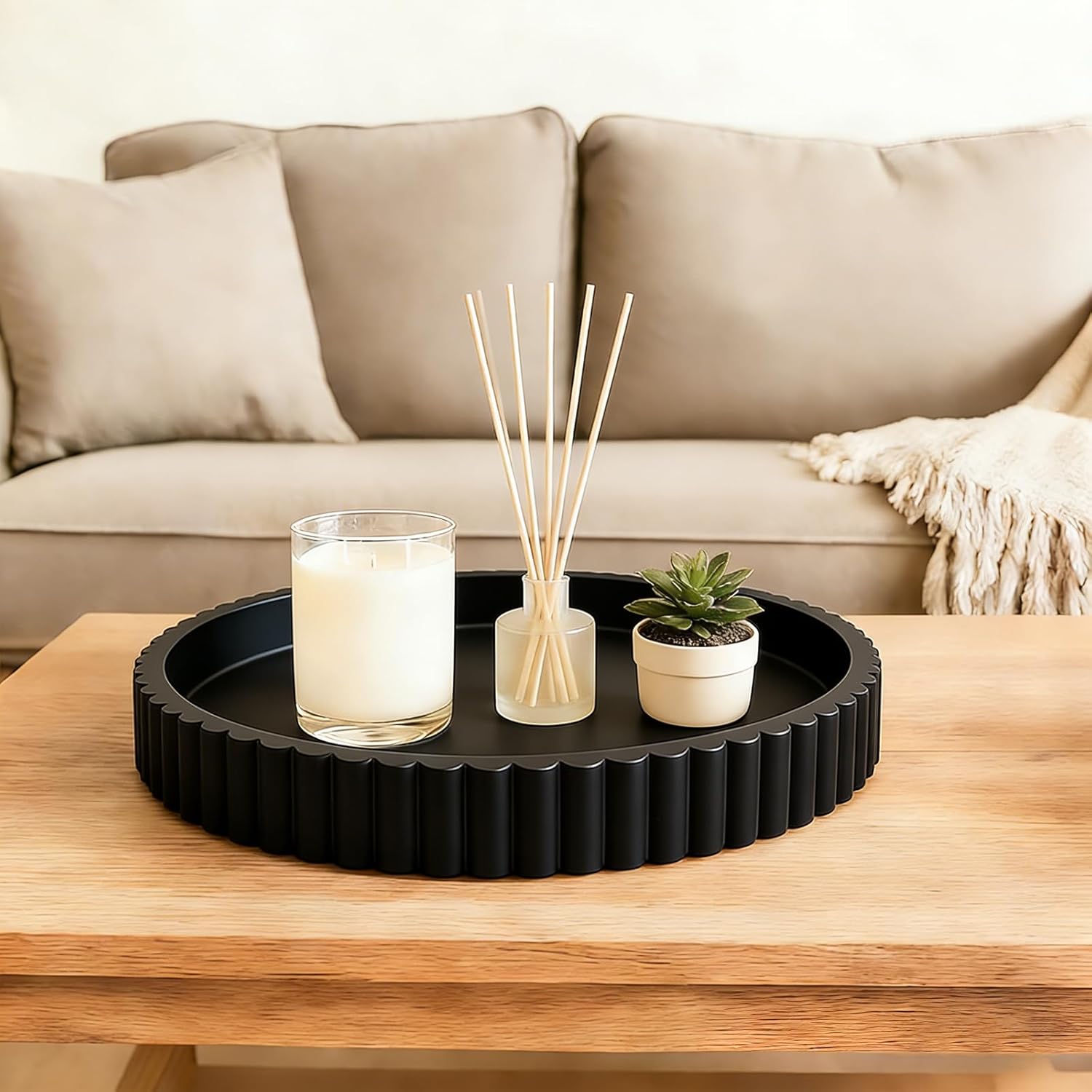 Round Decorative Tray for Coffee Table Decor - Resin Modern Table Centerpieces Decorative Trays for Kitchen, Dining, Living Room, Home Decor Housewarming Gift - Black