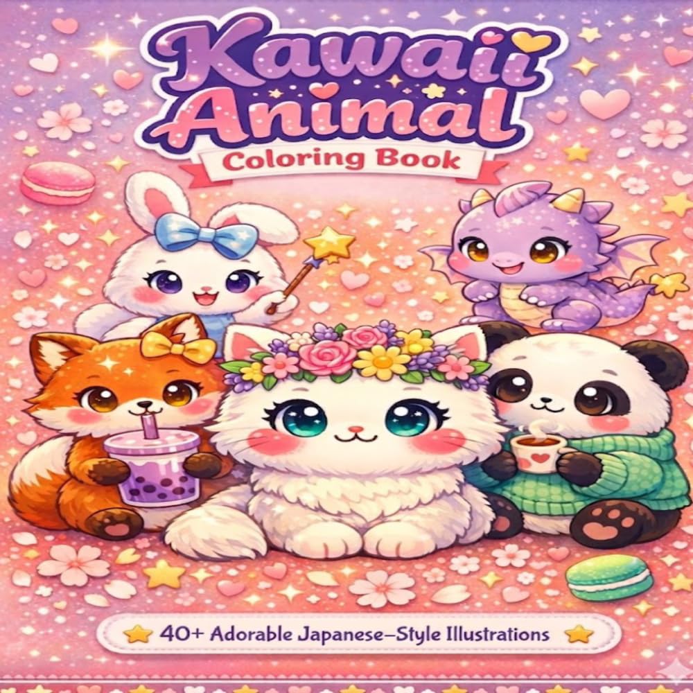 Cute Kawaii Animal Coloring Book: Adorable Japanese-Style Animals, Fantasy Creatures, Cats, Foxes & Pandas for Stress Relief and Creative Fun