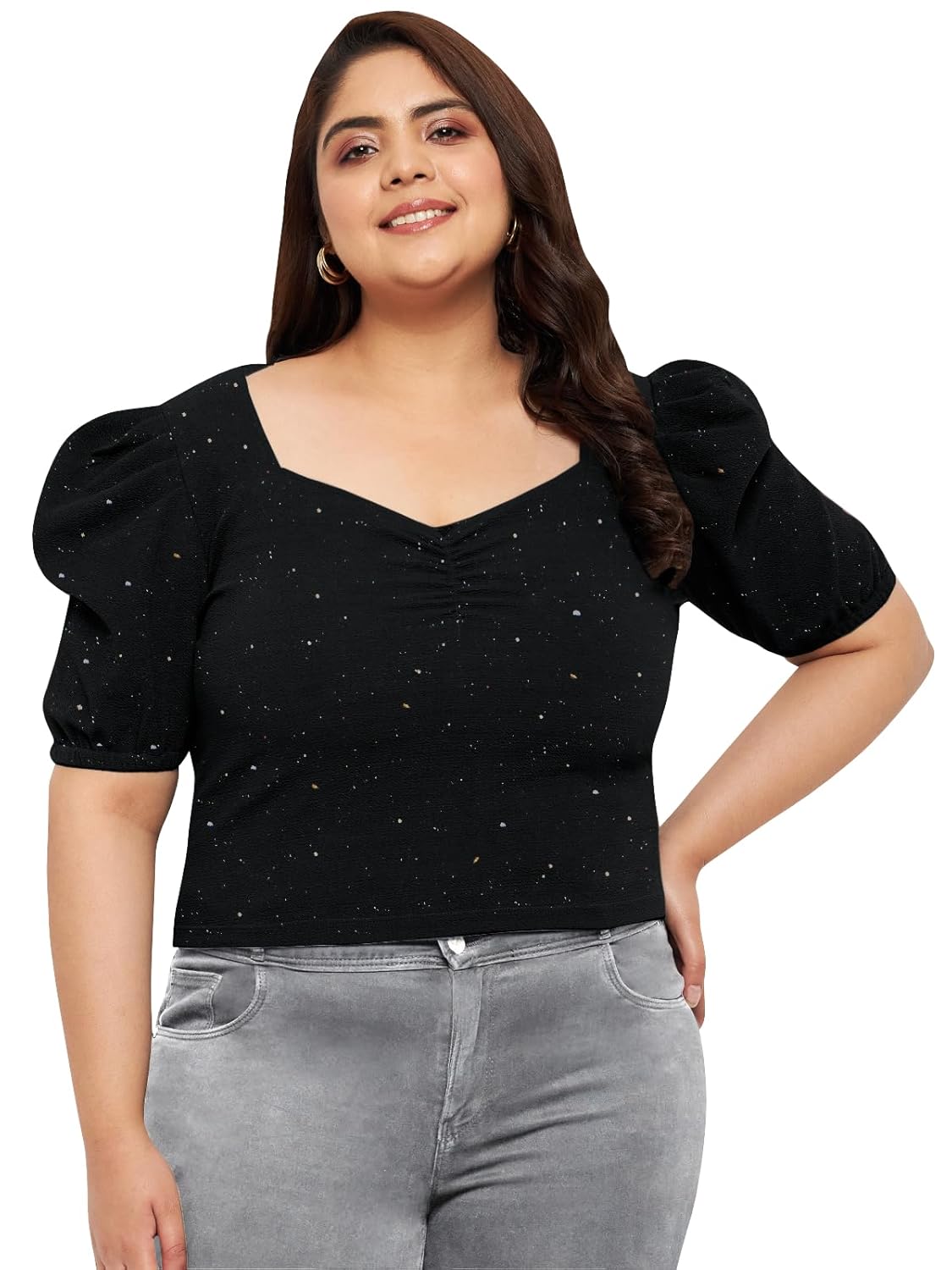 wild U Women Western Plus Size Crop Top| Shimmer | Puff Sleeve | Stretchable | Stylish Top for Curvy Women (Black)