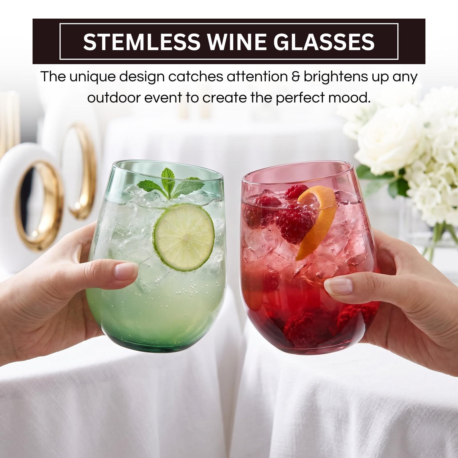 Tritan - Copas de vino de plástico sin BPA, inastillables, sin tallo, juego de 4, vasos de vidrio acrílico, colores irrompibles, reutilizables, aptas para lavavajillas, cristalería multiusos de 15