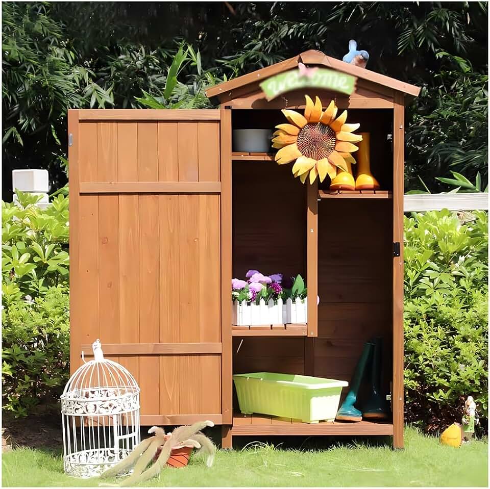 Outdoor Tool shed, Wooden Garden Storage Cabinet Lean-to Roof,Utility Tool Organizer, Outside Single Door Storage Shed
