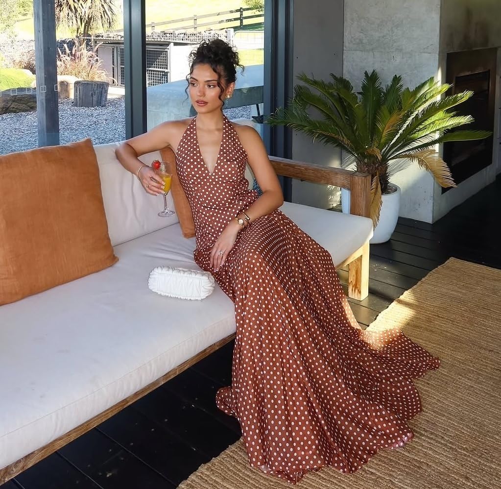 Women's Polka Dot Maxi Dress Halter Neck Sleeveless Drop Waist Flowy Summer Wedding Beach Sundress - Image 7