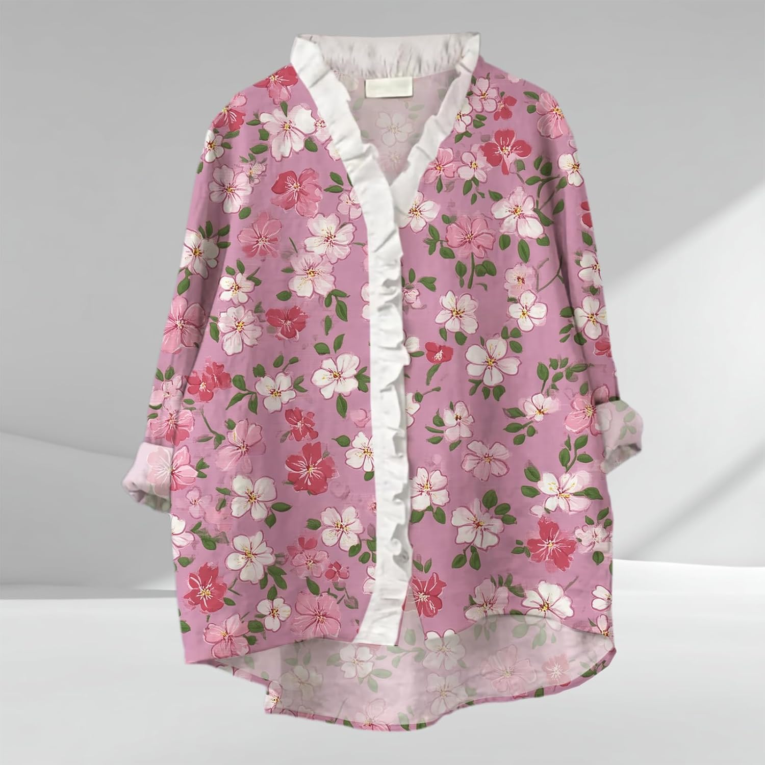 Womens Tops Button Down Ruffled V Neck Tunic Shirts Lightweight 3/4 Rolled Sleeves Flowy Boho Floral Print Blouses - Image 2