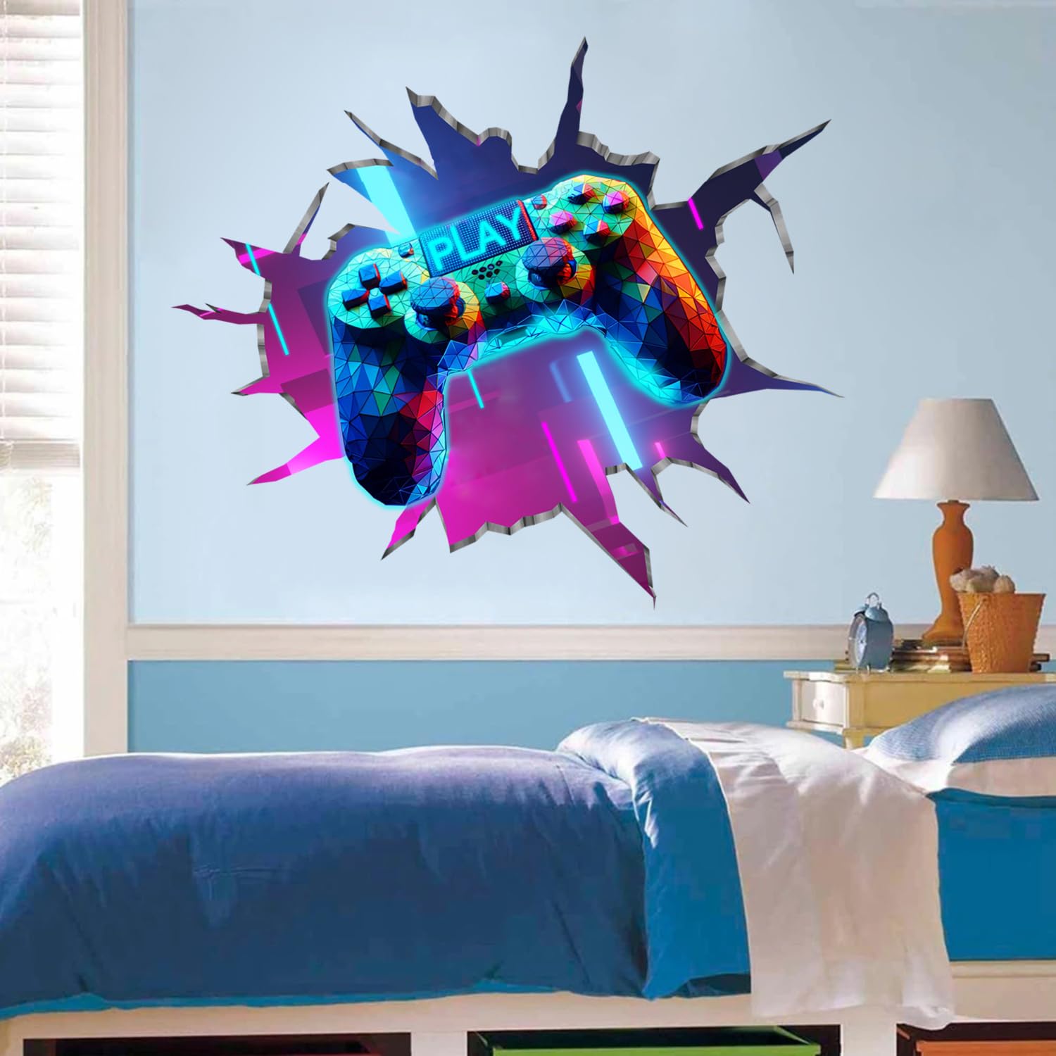 YIMEHDAN Large 3D Game Wall Decals (35.8”x32.4”), Gaming Break Through The Wall Vinyl Wall Stickers for Game Lover, Removable Video Game Artwork for Boys Playroom Bedroom Decor