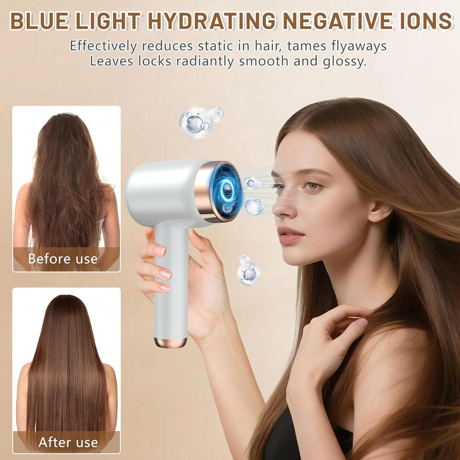Sèche-cheveux sans fil à piles avec 3 contrôles de chaleur réglables et 3 vitesses de charge USB compatible pour les voyages, la maison et les activités de plein air (norme américaine) Blanc
