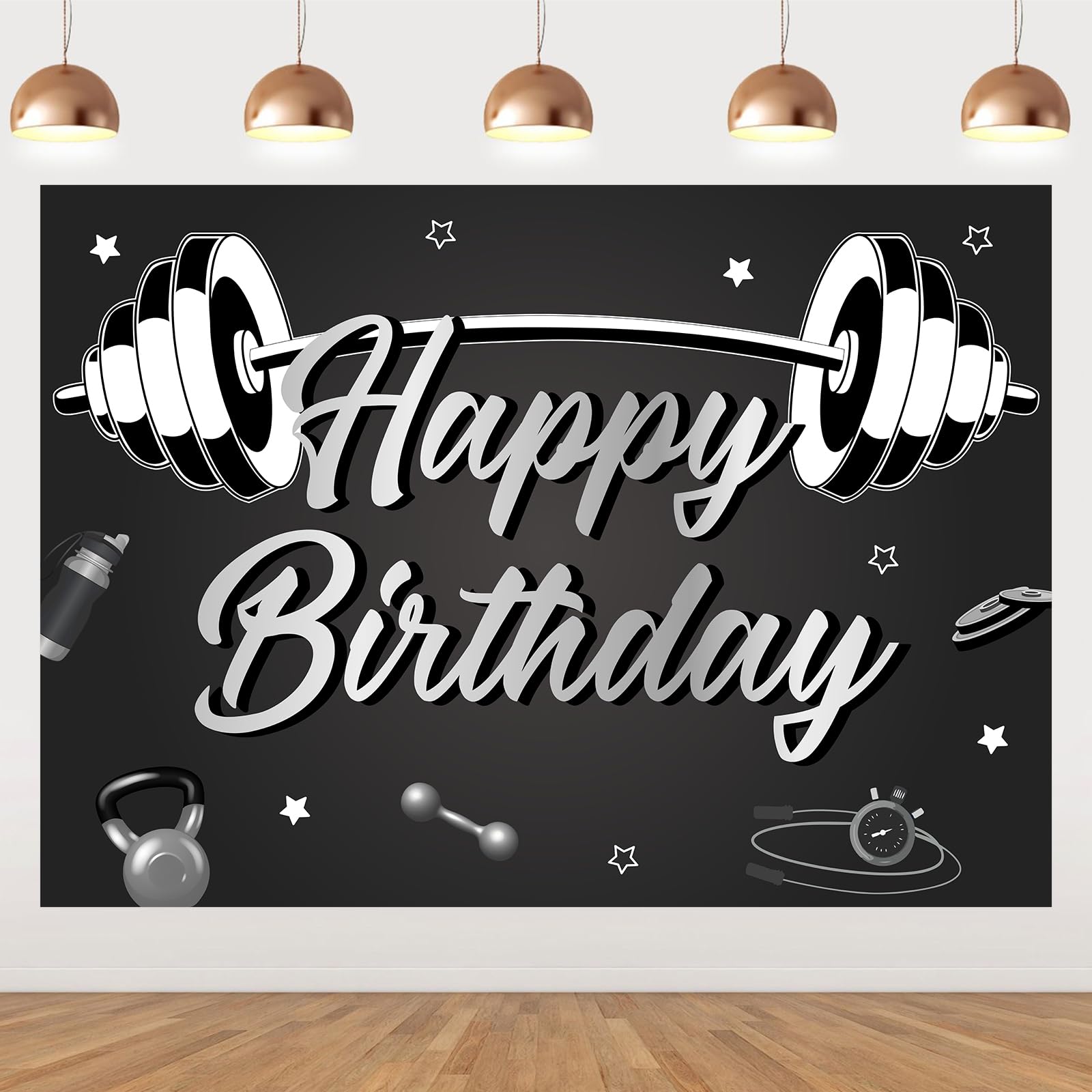 Fangleland Gym Theme Birthday Backdrop 7x5ft, Balck Weight Lifting Happy Birthday Banner Photo Background for Fitness Bodybuilding Party Supplies