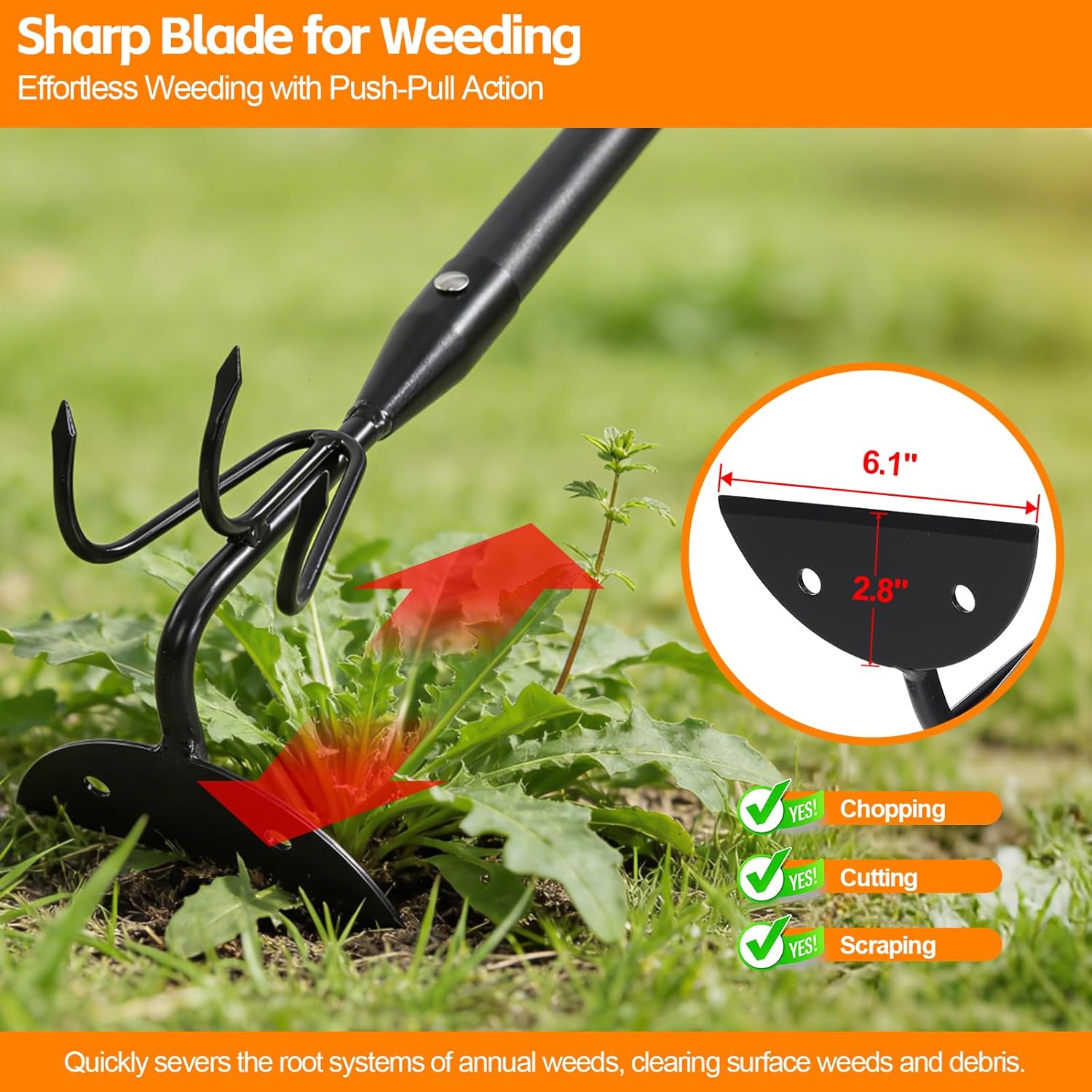 65 Inch 2-in-1 Hoe and Cultivator Garden Tool, Heavy Duty Garden Hoe with 3-Tine Tiller Rake for Weeding and Soil Loosening, Long Handle Stand Up Weed Removal Tool for Planting, Digging & Gardening