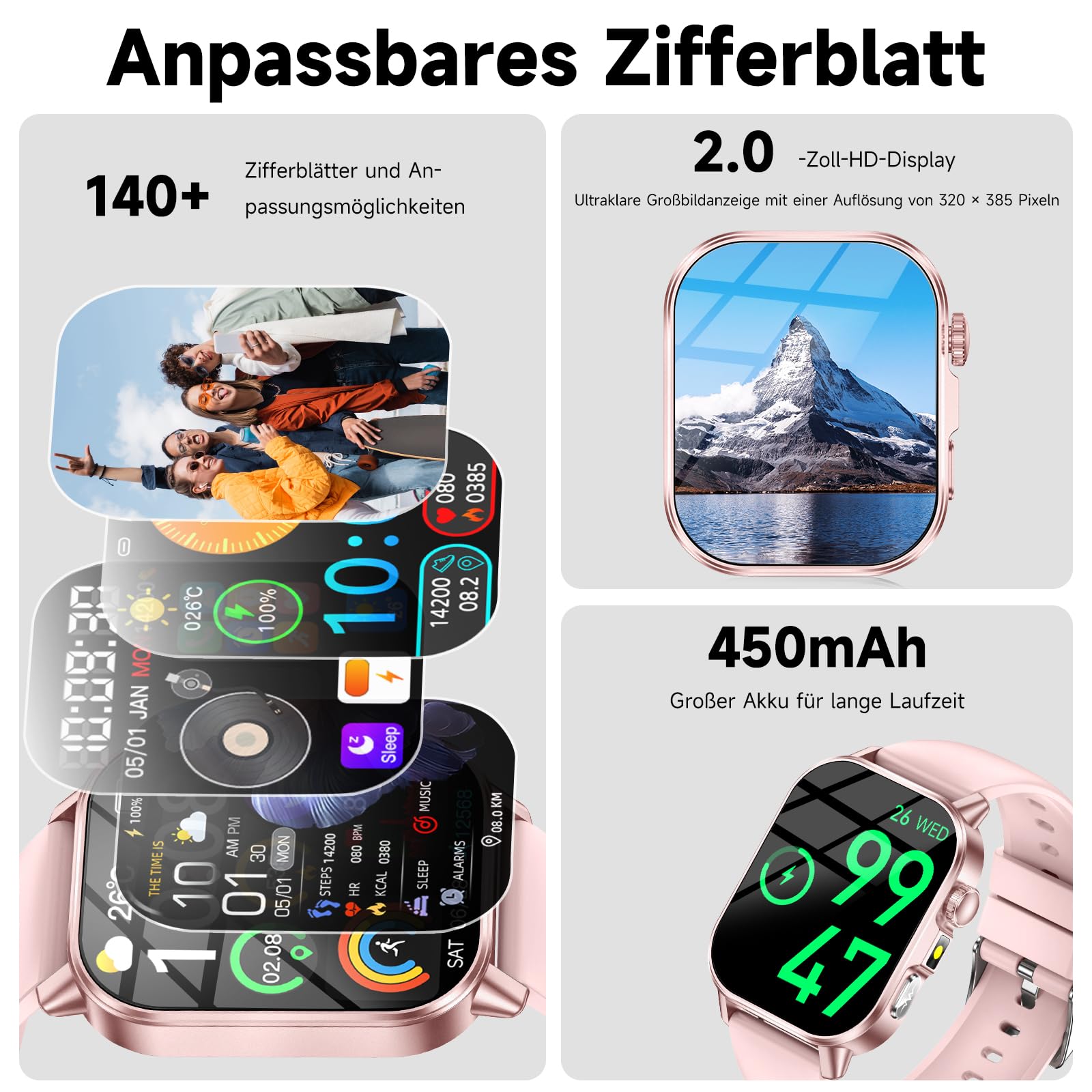 Smartwatch Damen mit EKG+HRV/Blutdruck/Schlaf/Emotion/Stimmung/LED-Licht | 2,0"Gesundheitsuhr mit Pulsuhr Harnsäure Körpertemperatur SpO2 Menstruationszyklus BMI, SOS-Notruf Fitnessuhr für iOS/Android