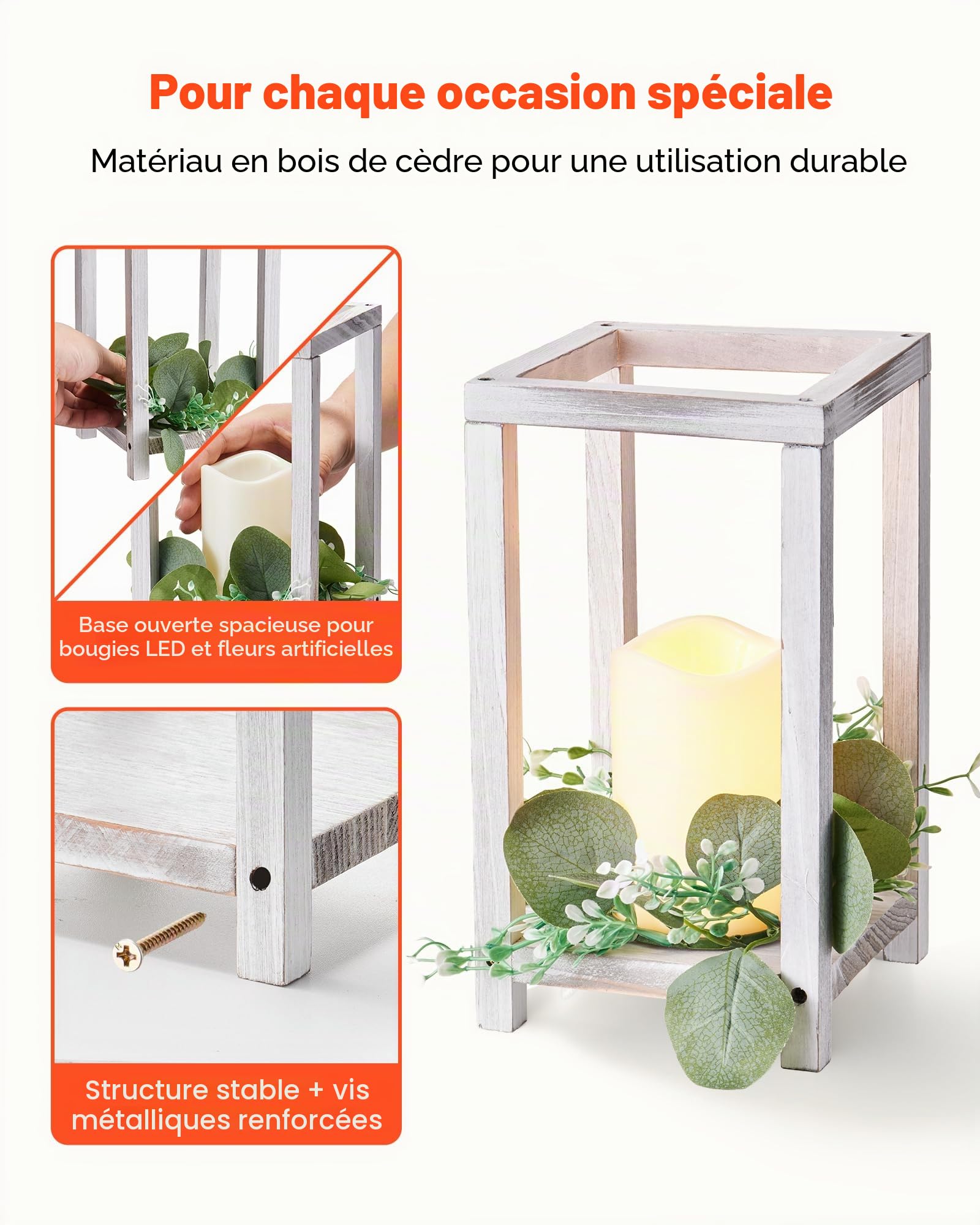 VEVOR Lanterne de Mariage en Bois, Lot de 12, Lanterne Décorative avec Bougies LED sans Flamme, Couronnes de Fleurs Artificielles, pour Centre de Table de Mariage, Fête, Décoration Intérieur, Blanc