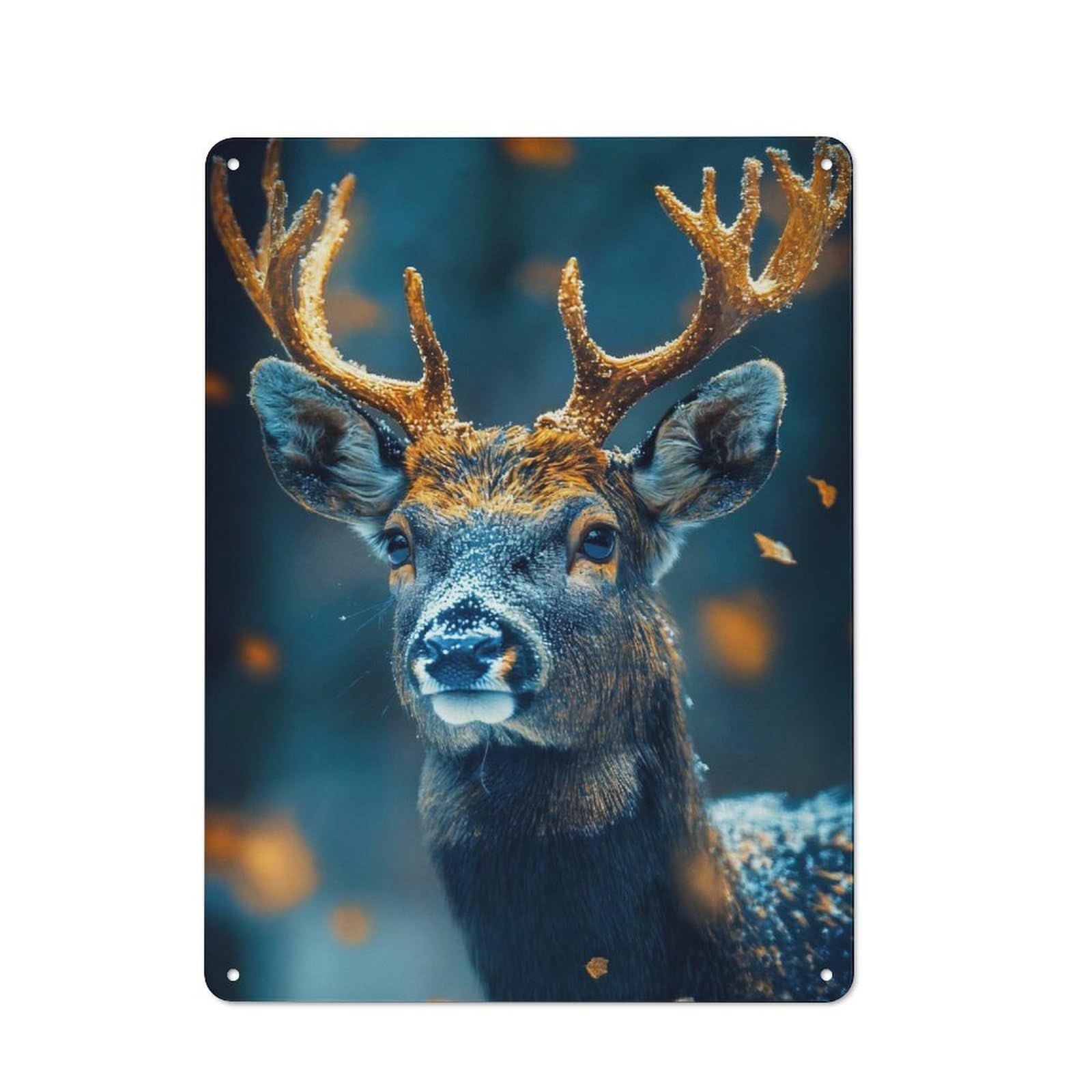 Snowy Deer Portrait Casual Metal Wall Decor 40x30cm, Rustic Tin Sign for Patio Bar, Workshop, Shed Or Kitchen